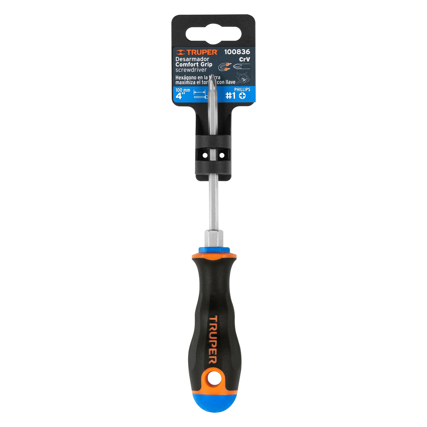 Desarmador de cruz 3/16" x 4" mango Comfort Grip, Truper cod: 100836