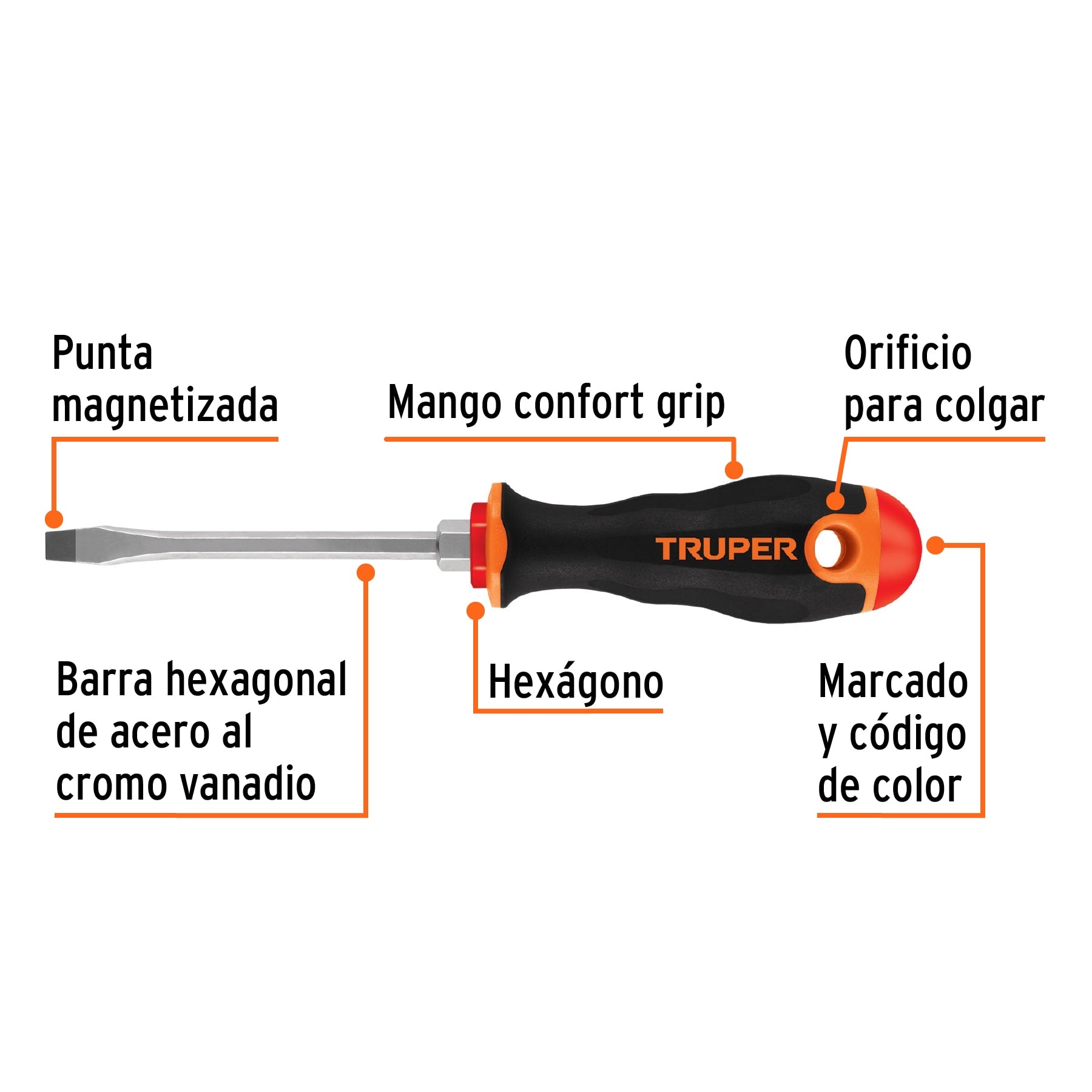 Desarmador plano 1/4" x 4" mango Comfort Grip, Truper - 13998