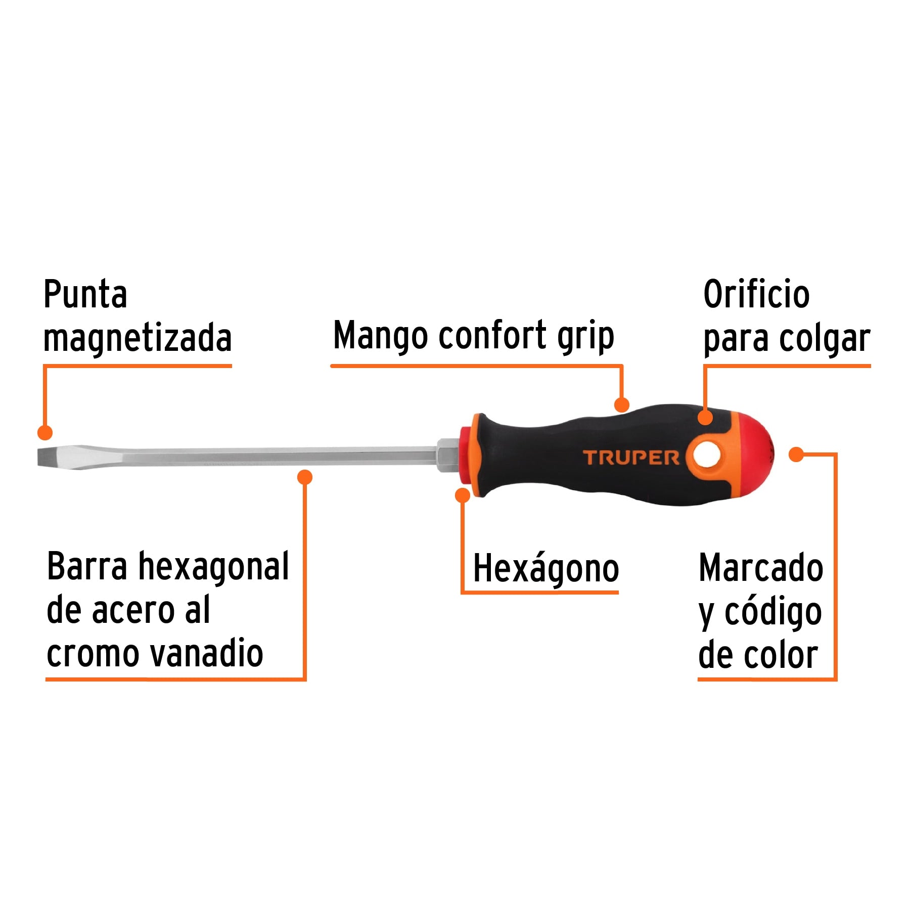 Desarmador plano 1/4" x 6" mango Comfort Grip, Truper - 14000