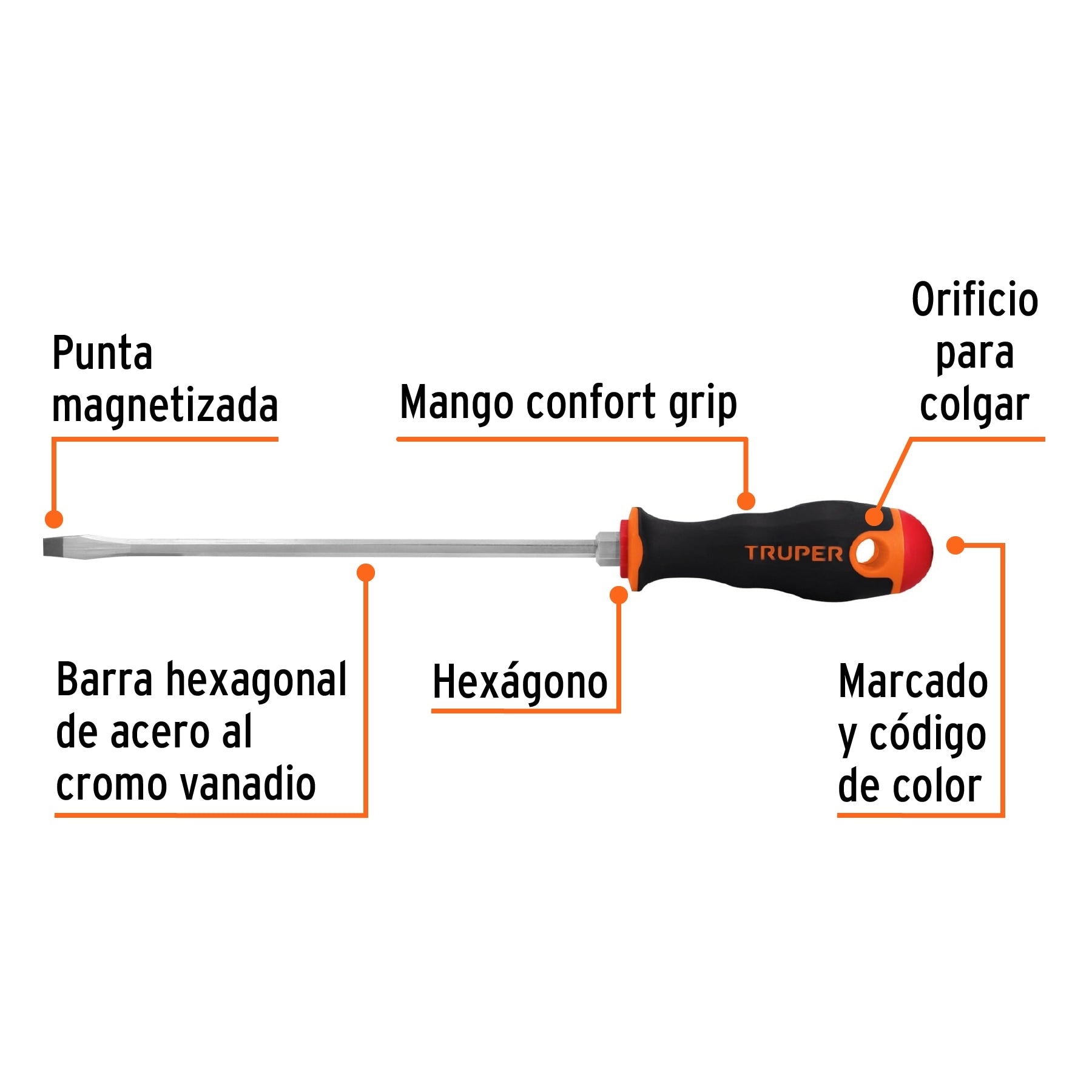 Desarmador plano 1/4" x 8" mango Comfort Grip, Truper - 100833