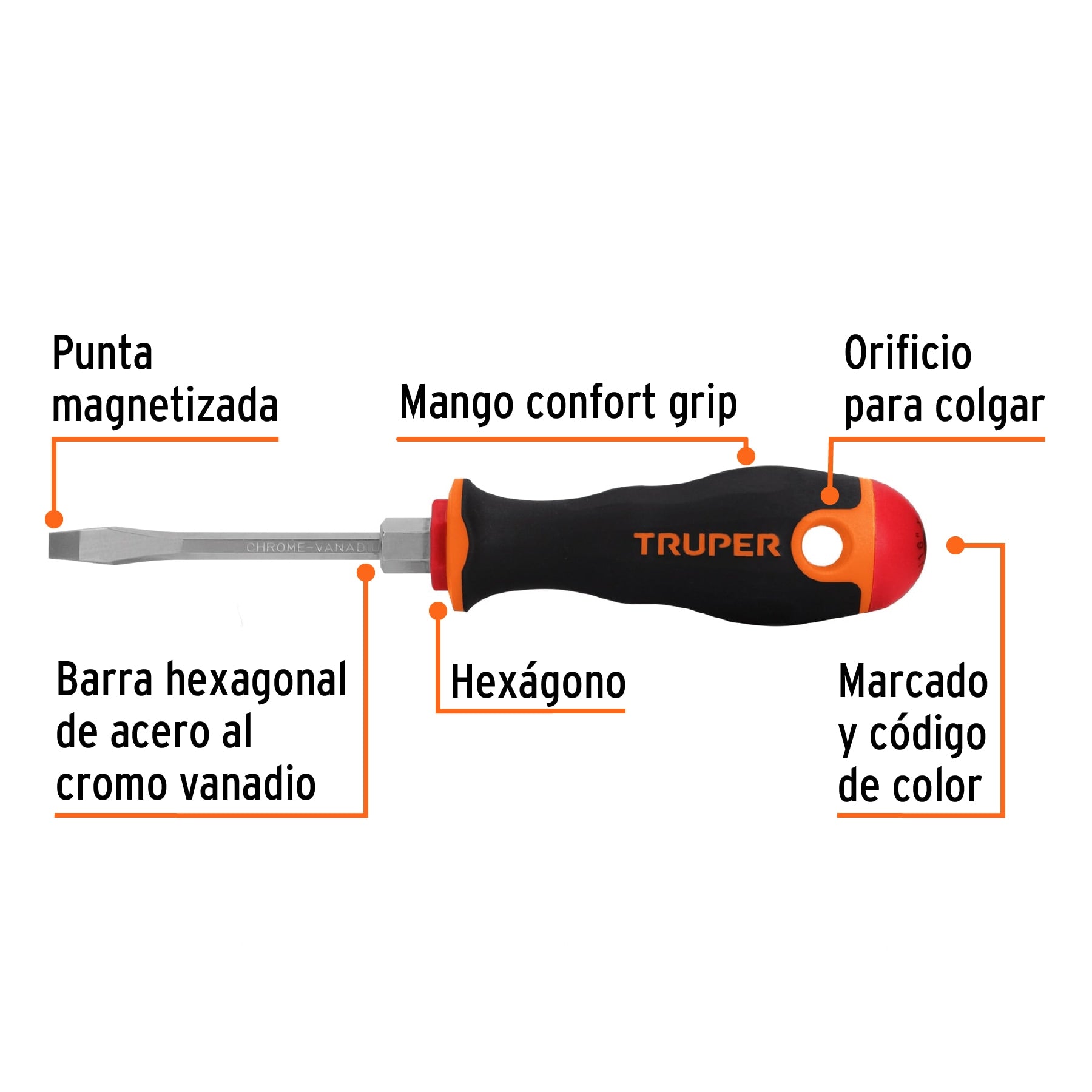 Desarmador plano 3/16" x 3" mango Comfort Grip, Truper - 100831