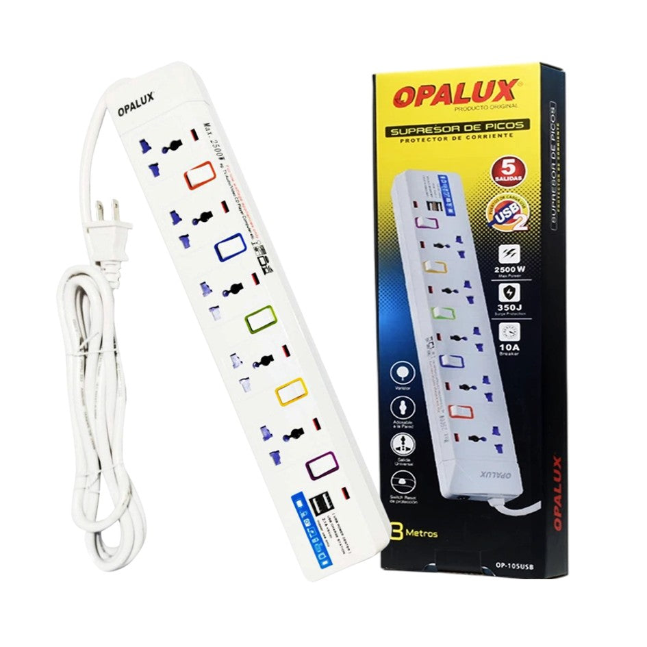 Supresor de Picos 5 Tomas + 2 Puertos USB Opalux OP-105USB
