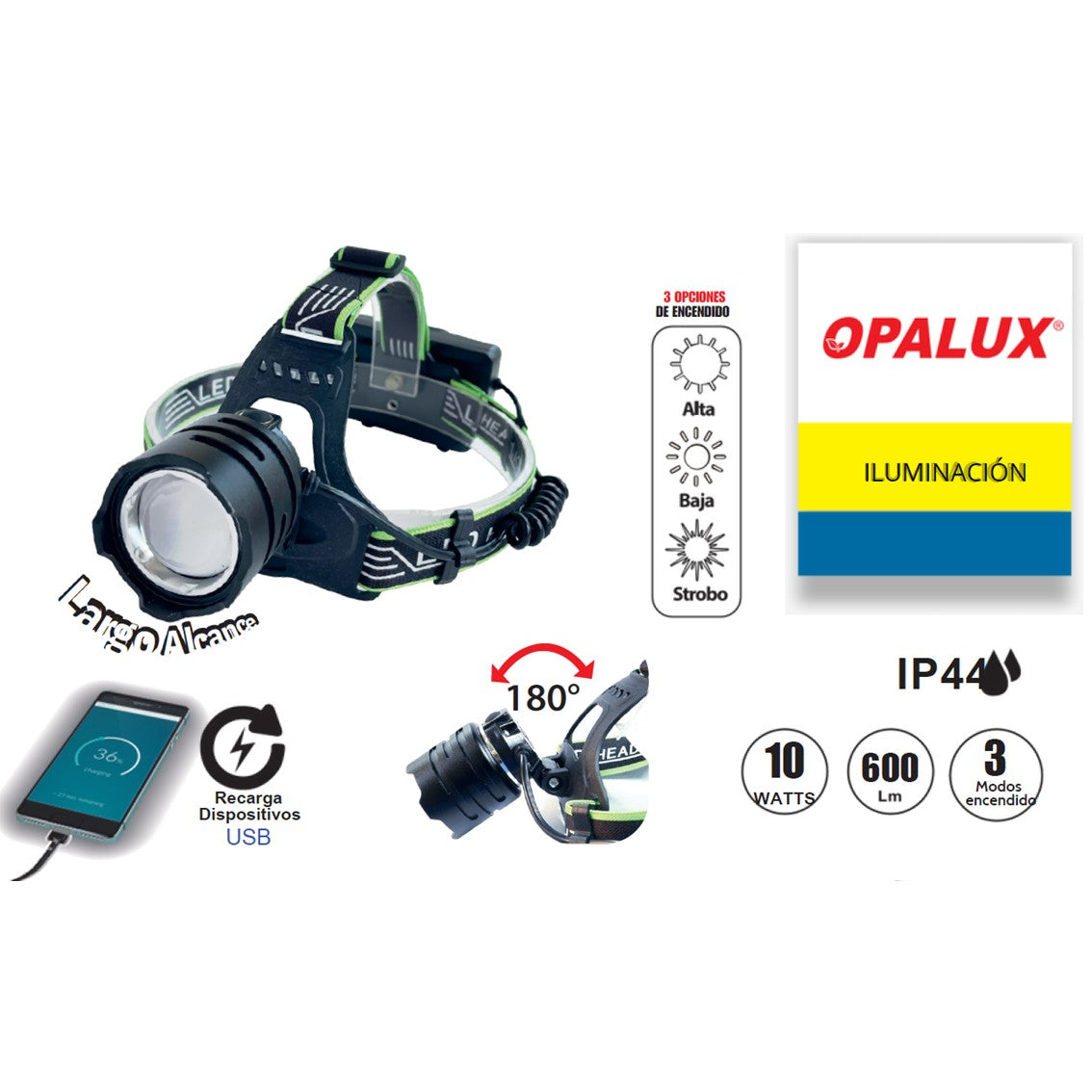 Linterna frontal recargable opalux OP-3404 10w, 600lm
