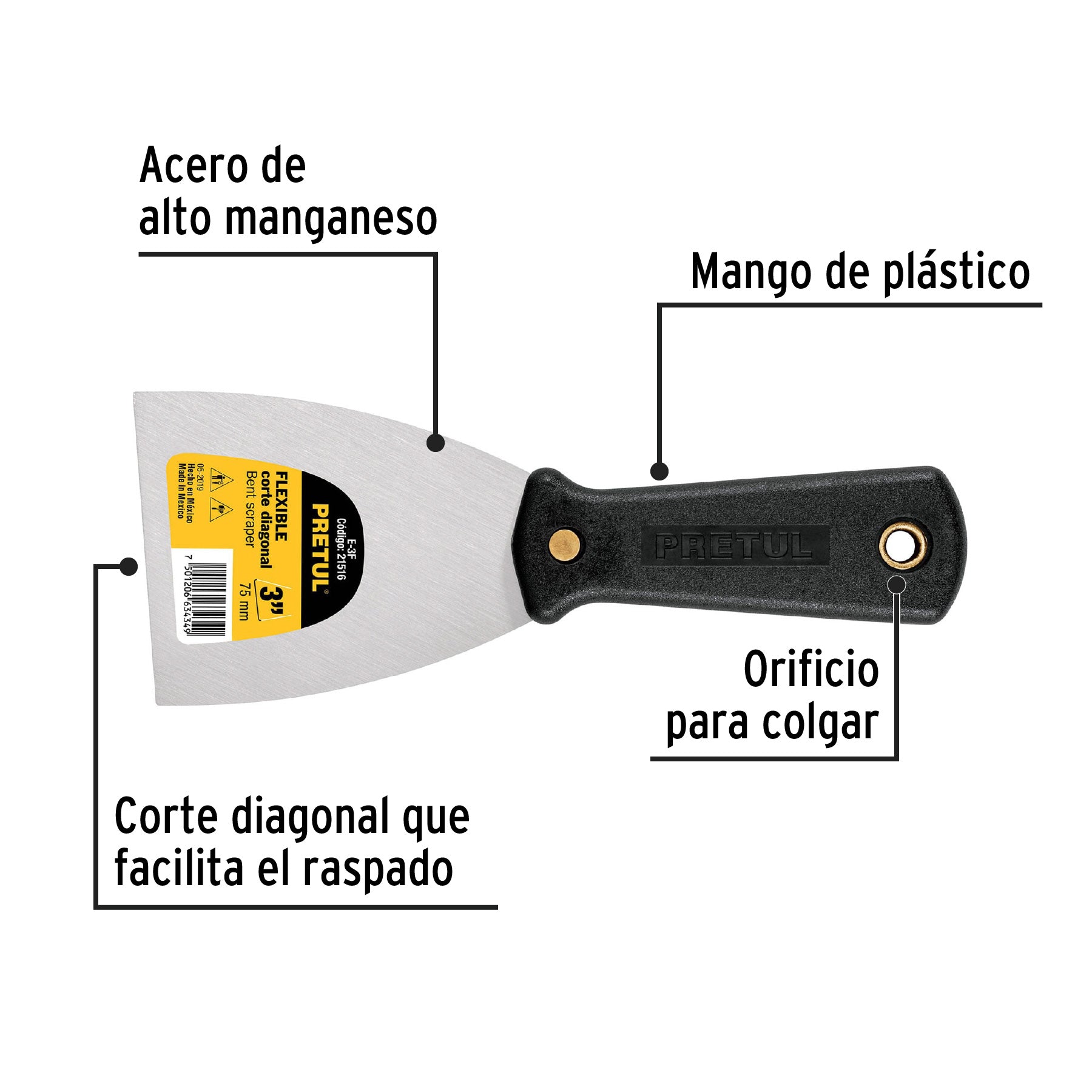 Espátula flexible 3" con mango de plástico, Pretul - 21516