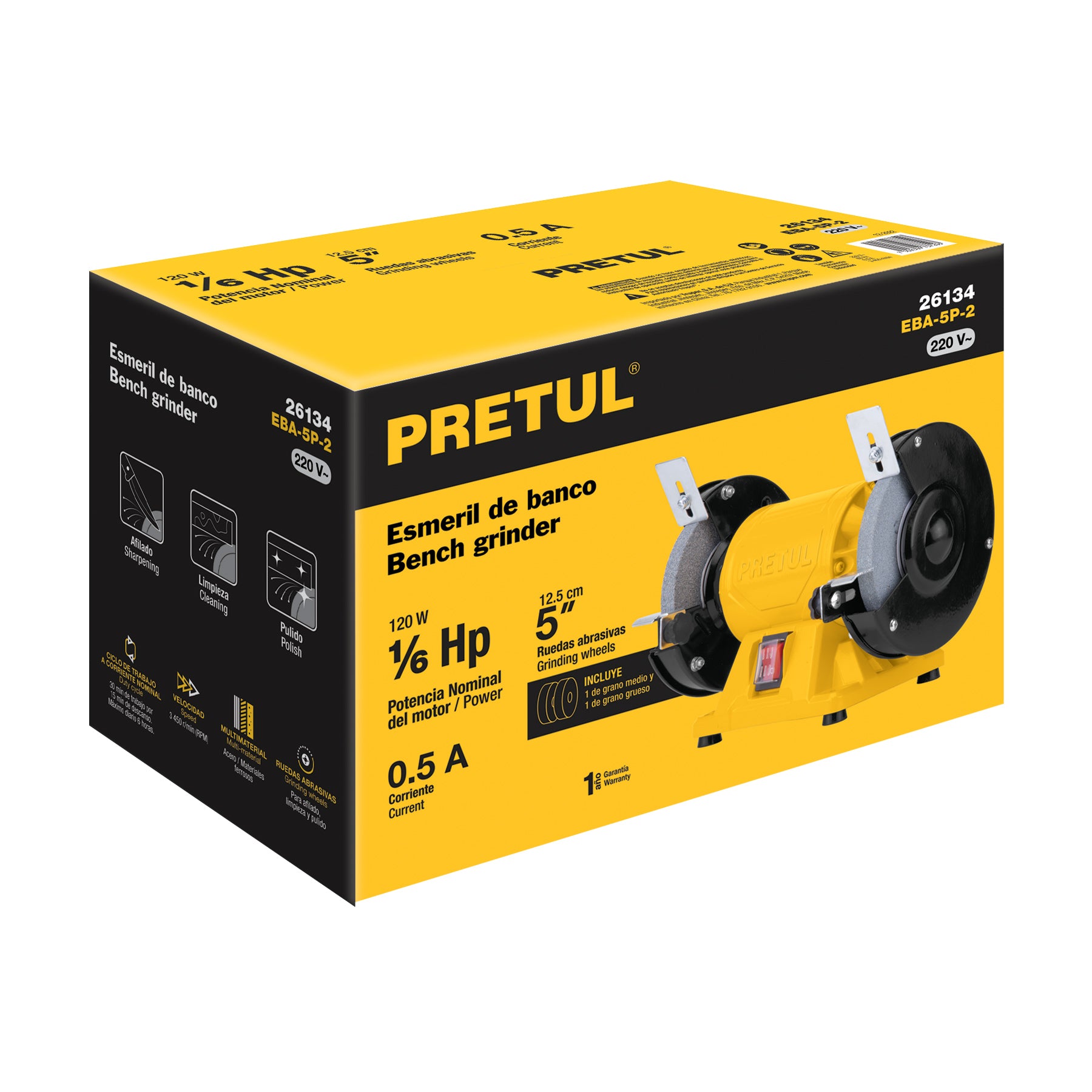 Esmeril de banco de 5" 1/6Hp, 220V, Pretul - 26134