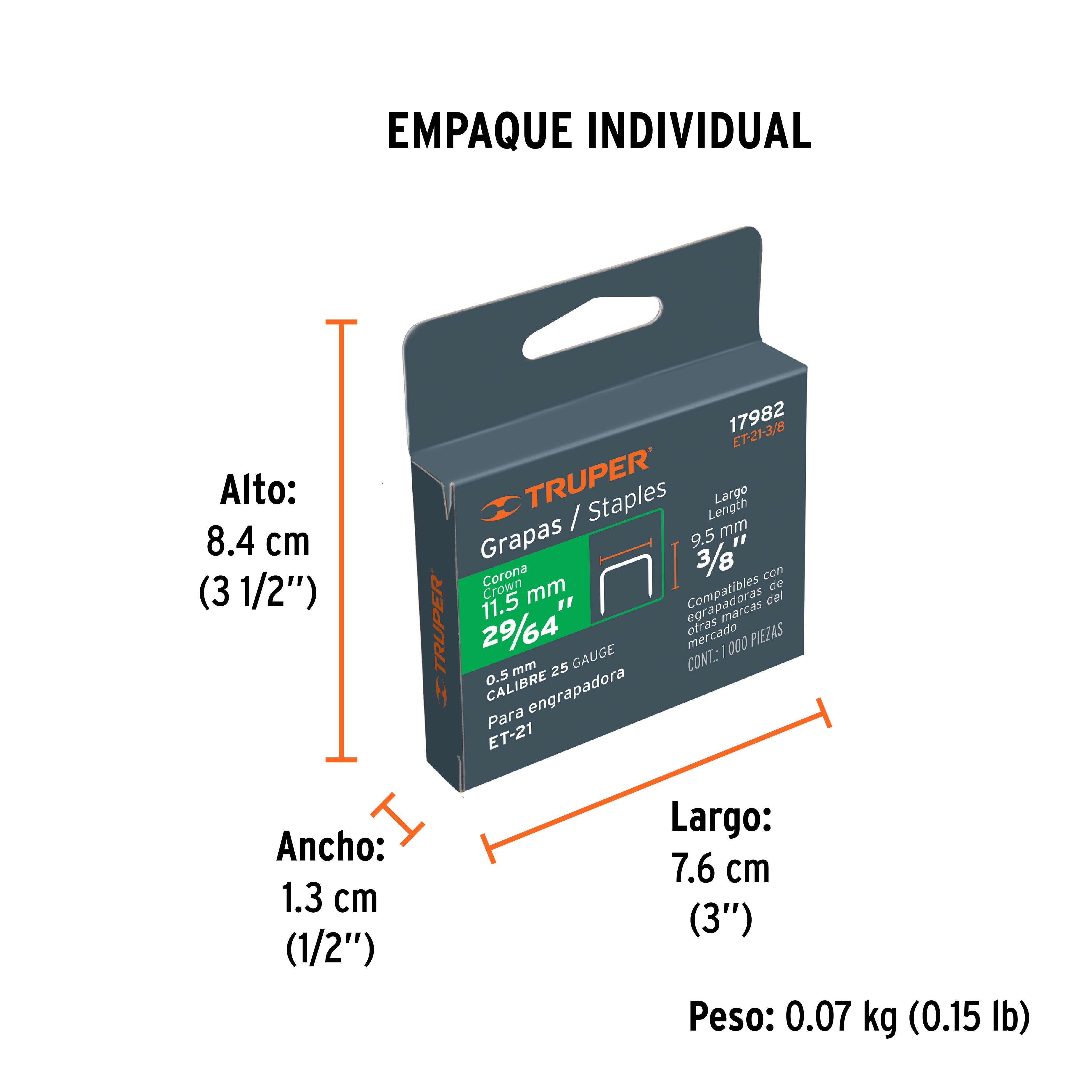 Caja con 1000 grapas 3/8"corona 11.3 mm para ET-21, Truper - 17982