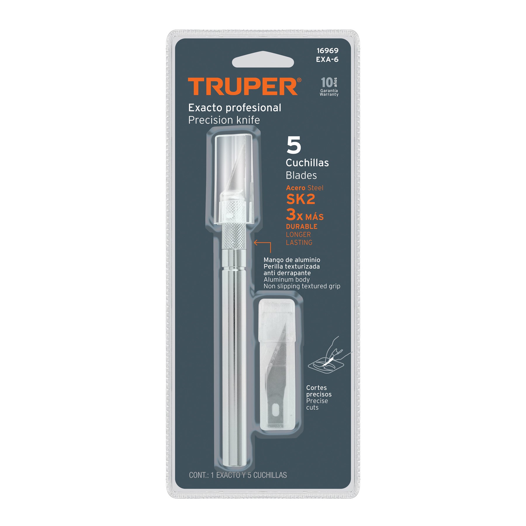 Bisturí exacto 6" profesional con 5 cuchillas de acero SK5, Truper - 16969