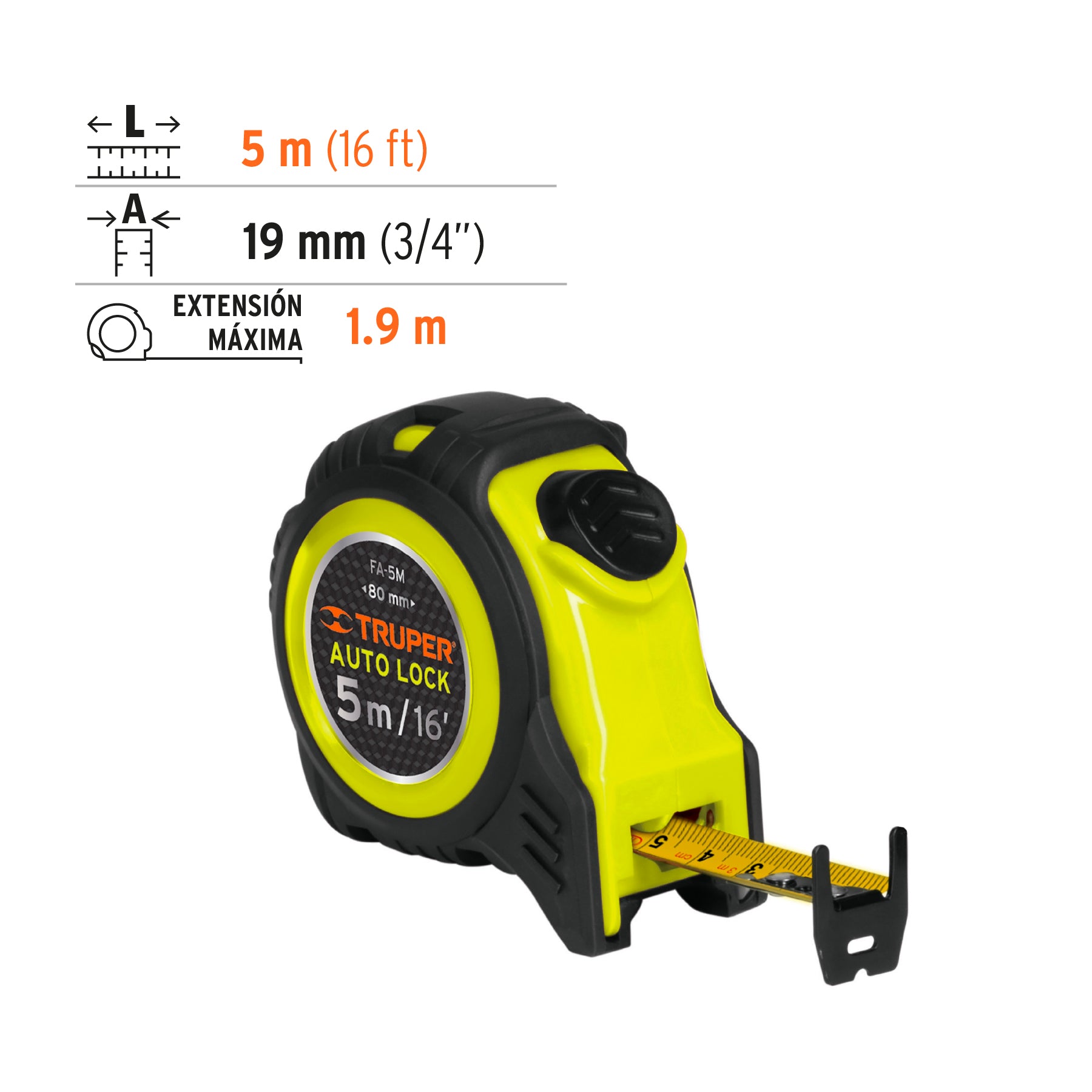 Wincha Auto-Lock contra impactos 5 m cinta 19 mm, Truper - 10747