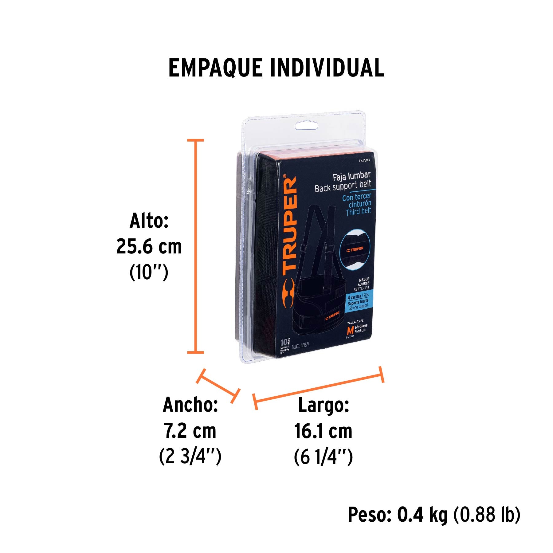 Faja lumbar con tercer cinturón, talla M, Truper - 14216