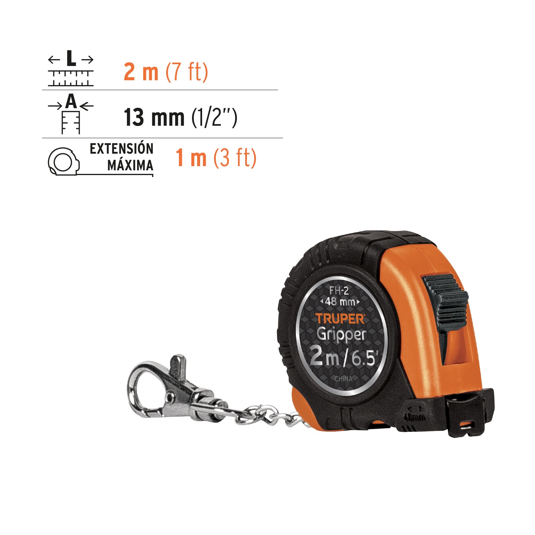 Cinta Métrica Gripper de 2 m tipo llavero cinta 13mm Truper - 14602