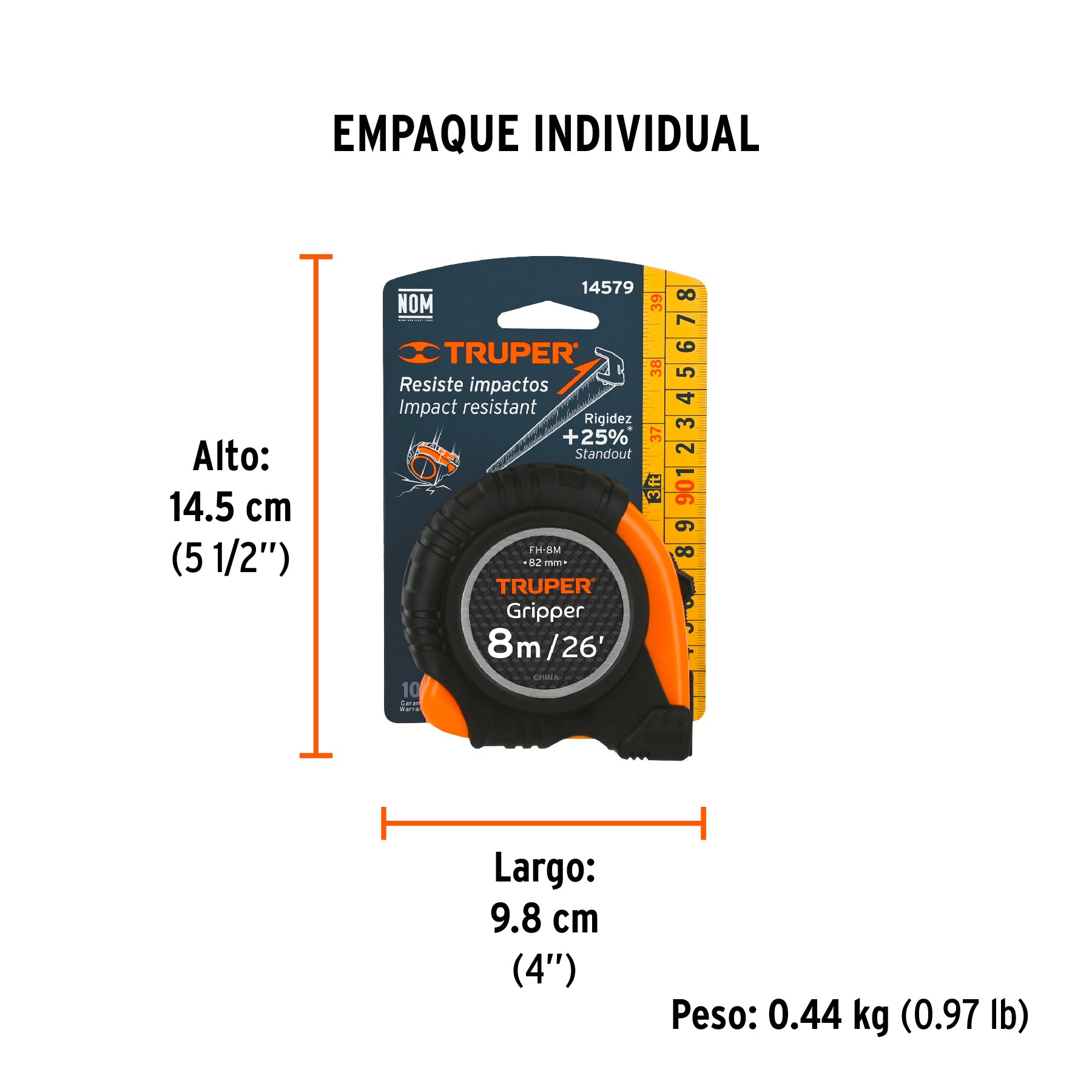 Cinta métrica Flexómetro Gripper contra impactos 8 m cinta 25 mm, Truper - 14579