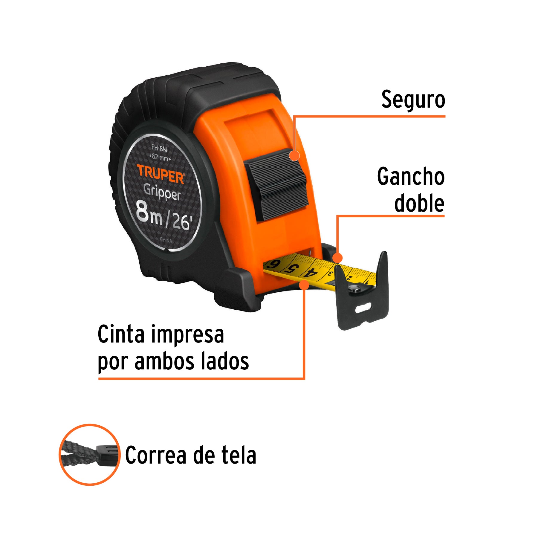 Cinta métrica Flexómetro Gripper contra impactos 8 m cinta 25 mm, Truper - 14579