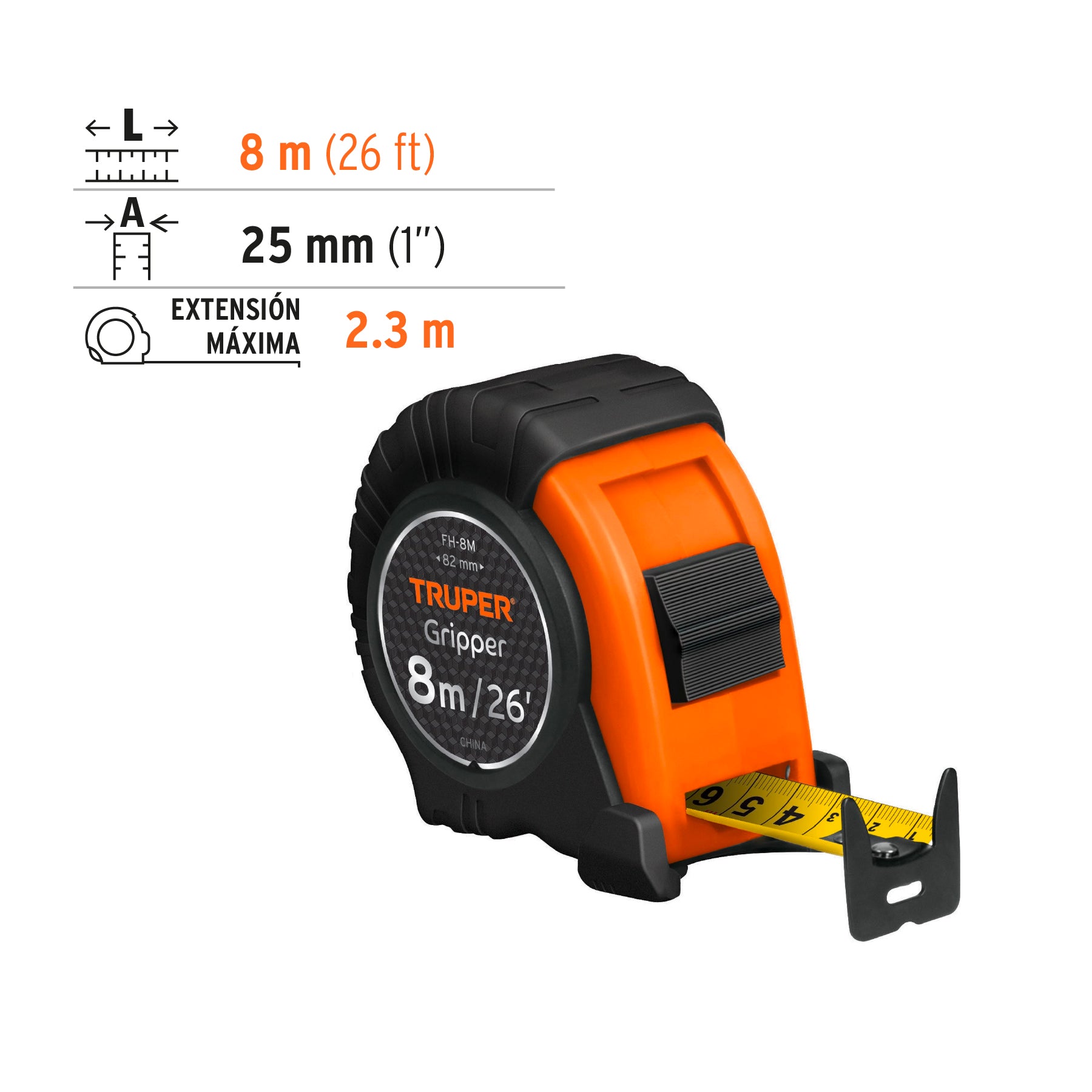 Cinta métrica Flexómetro Gripper contra impactos 8 m cinta 25 mm, Truper - 14579