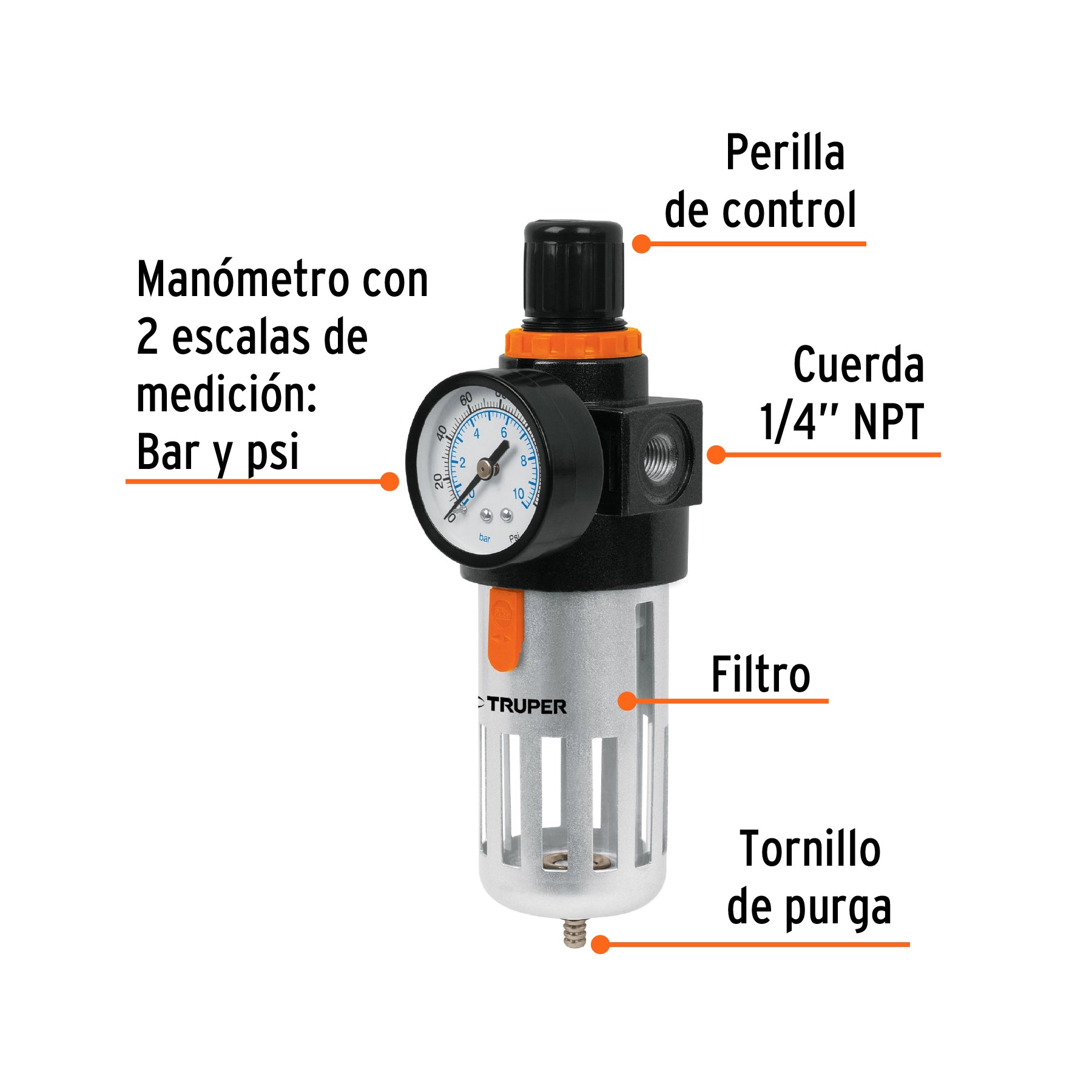 Filtro y regulador, presión de aire, cuerda 1/4" NPT, TRUPER - 18238