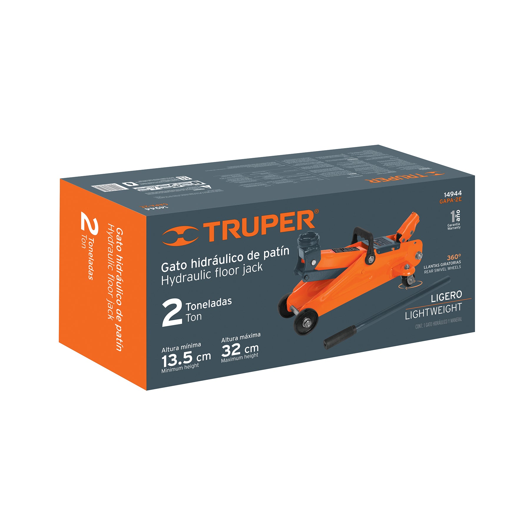 Gato hidráulico de patín, 2t, 30 movimientos, Truper - 14944