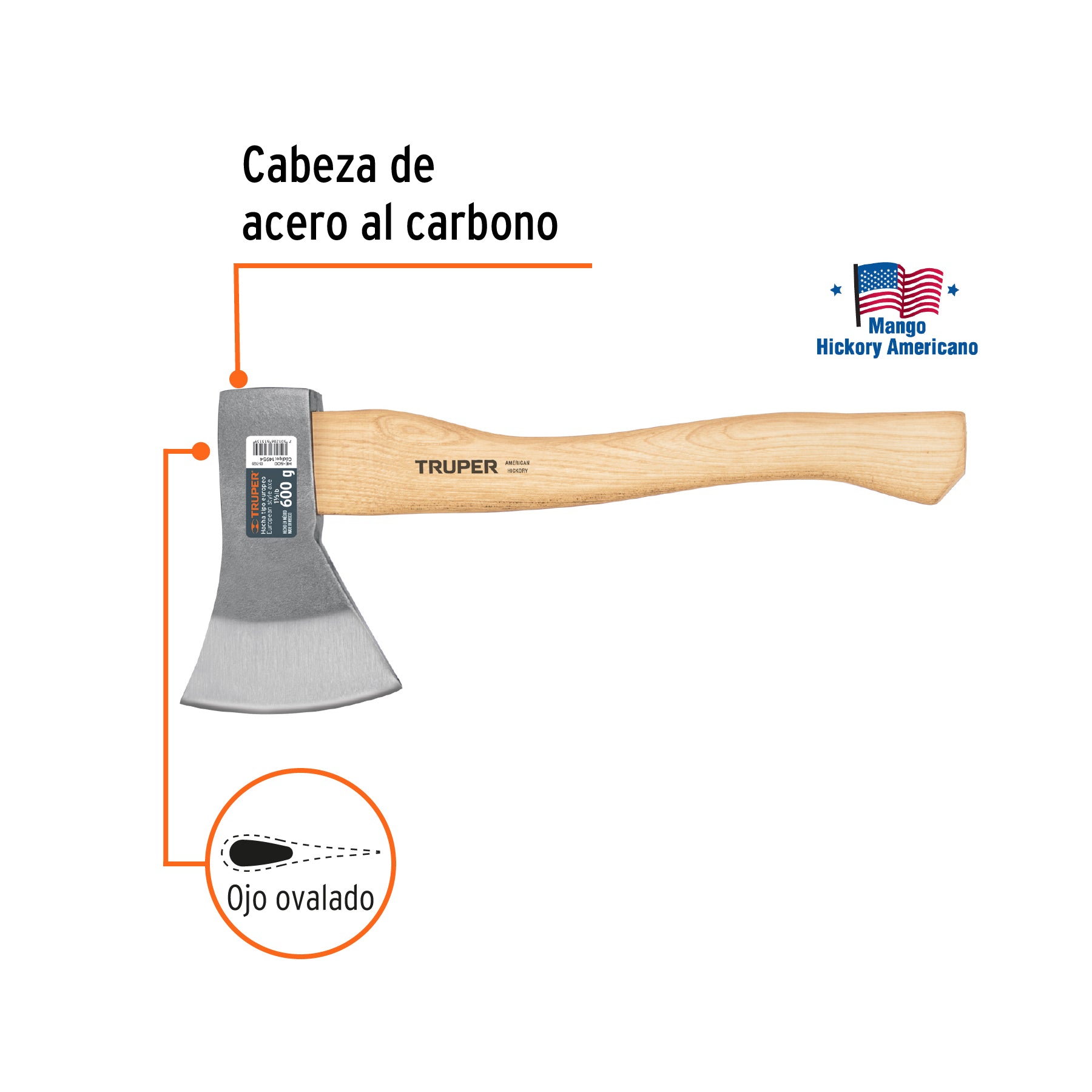 Hacha europea, 600 g, mango hickory 14", Truper - 14954