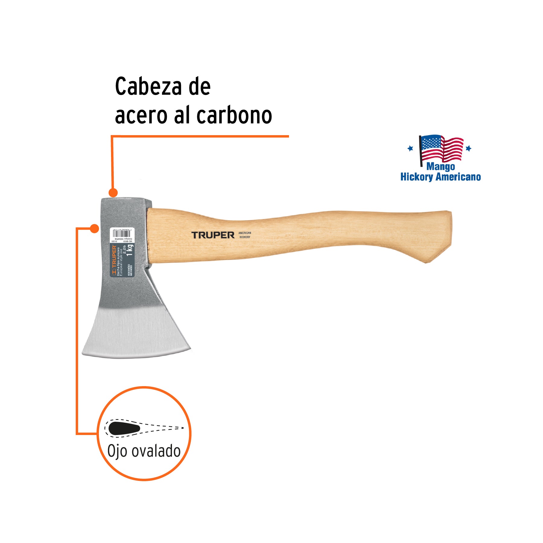 Hacha europea, 800 g, mango hickory 15", Truper - 100494