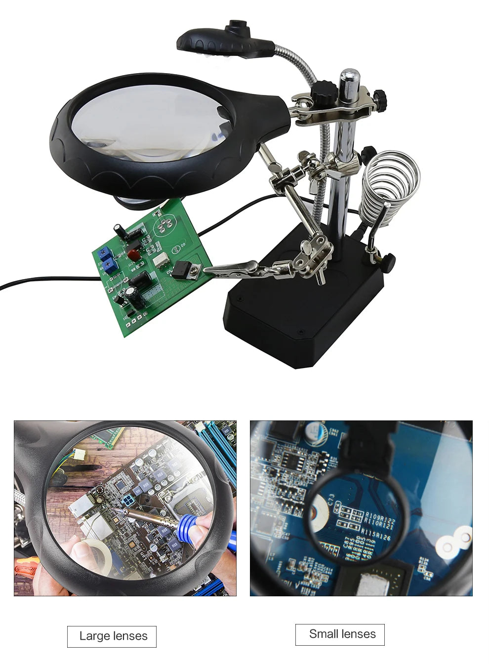 Soporte para Cautin con Lupa, Luz Led y Pinzas  EDI-16129C