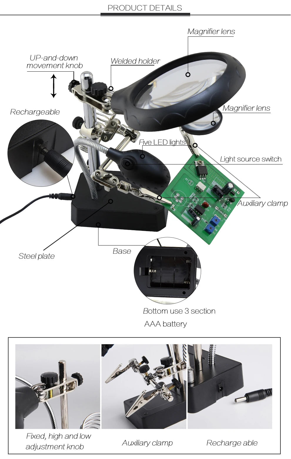 Soporte para Cautin con Lupa, Luz Led y Pinzas  EDI-16129C