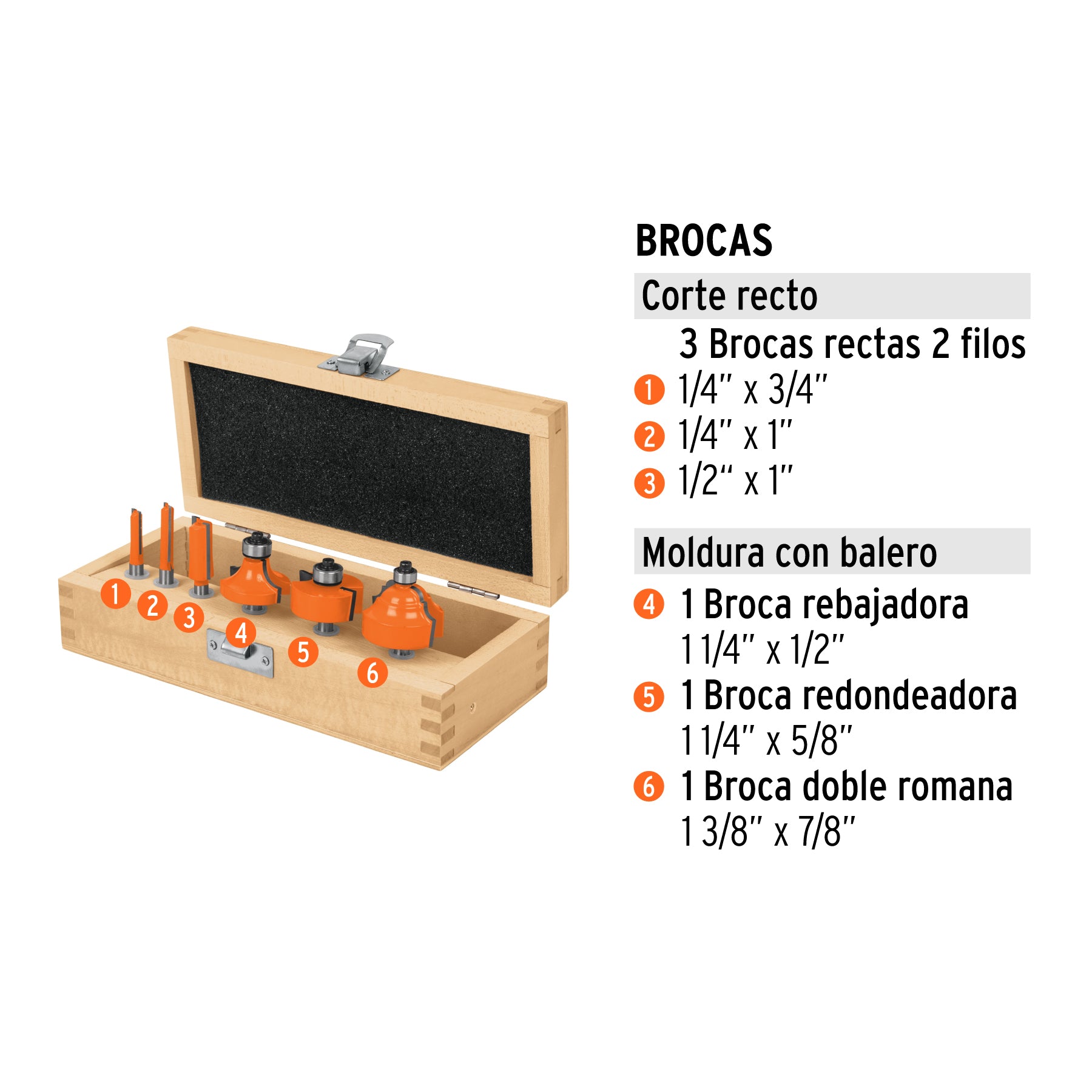 Juego de 6 brocas para router, Truper - 11359
