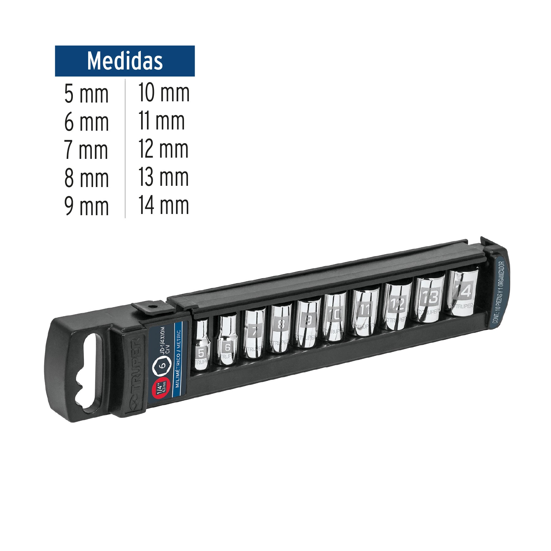 Juego de 10 dados hexagonales encastre 1/4" mm, Truper - 14166