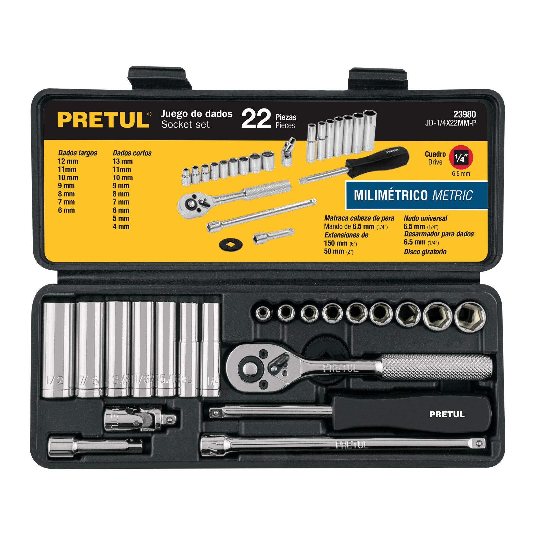 Juego de 22 herramientas 1/4" mm para mecánico, Pretul - 23980