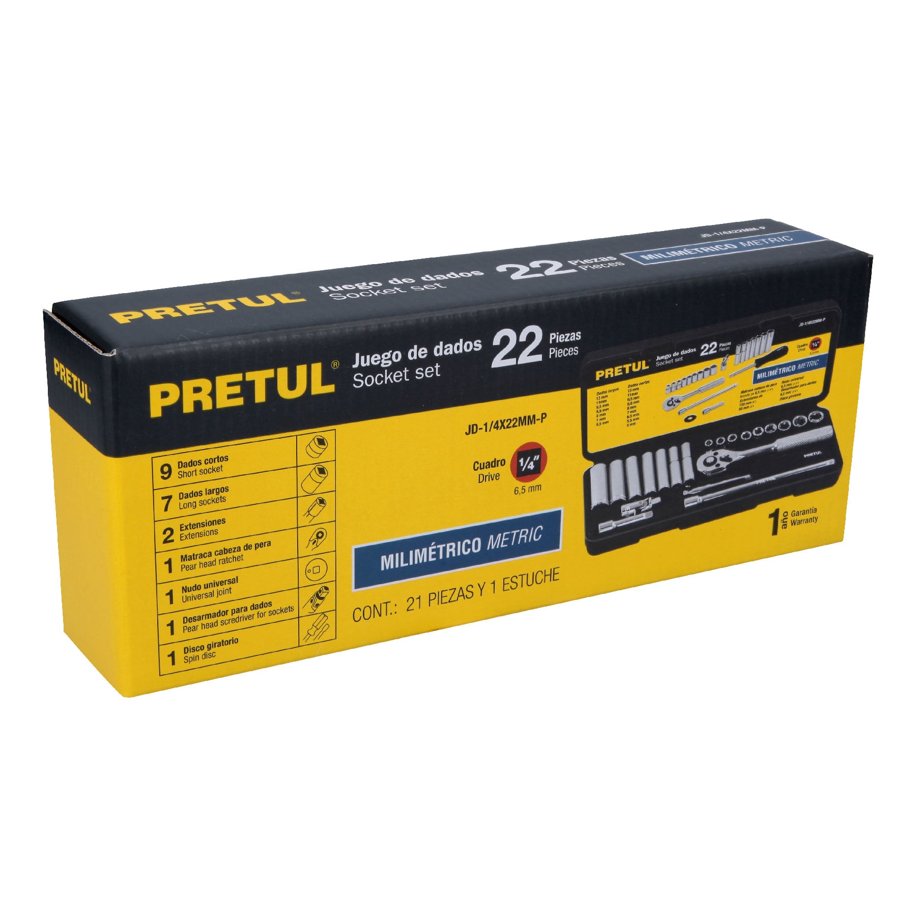 Juego de 22 herramientas 1/4" mm para mecánico, Pretul - 23980