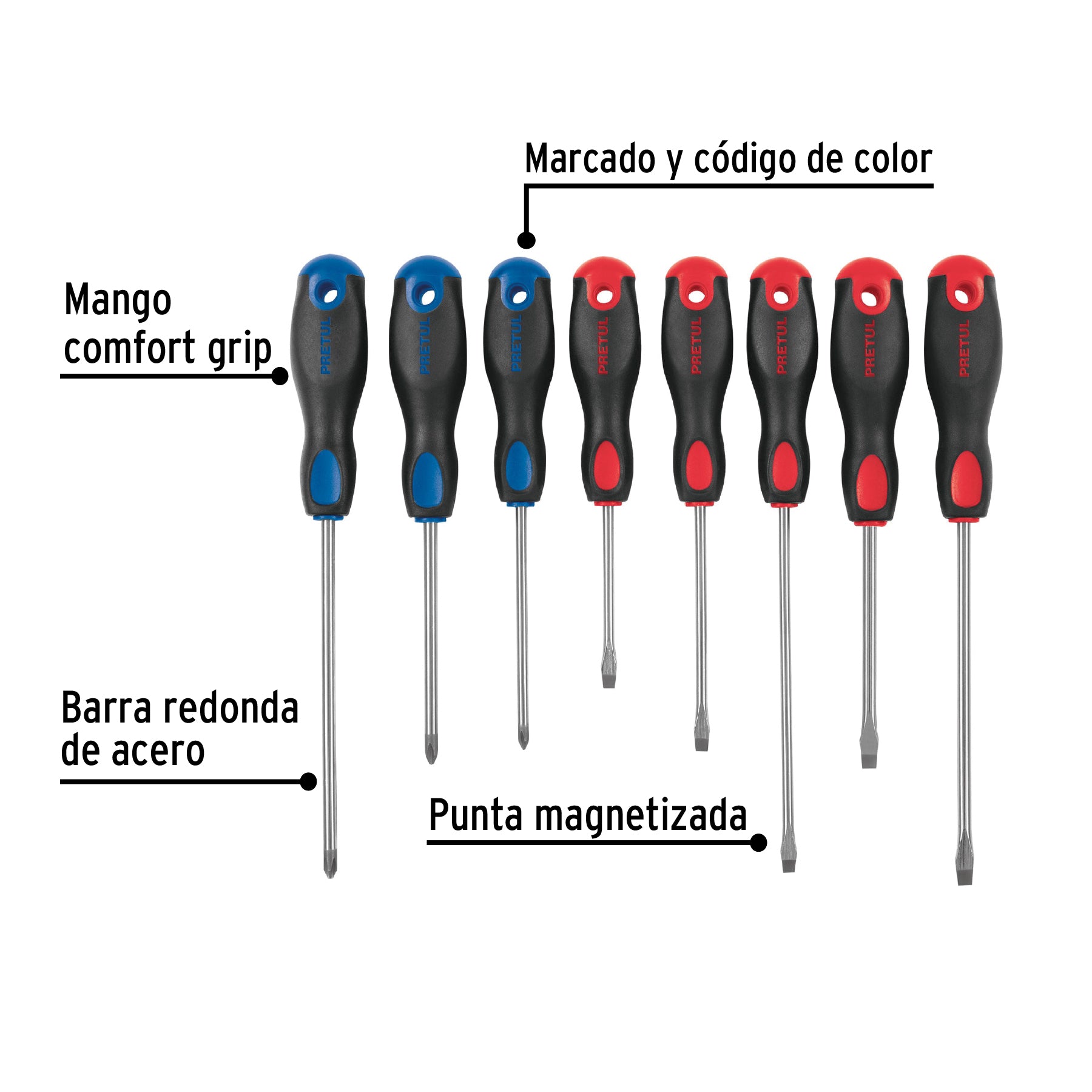 Juego de 8 desarmadores mango Comfort Grip, Pretul - 20219