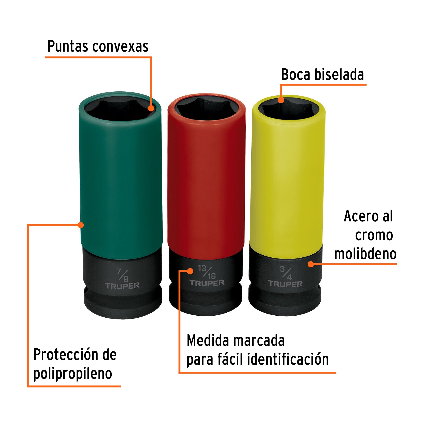 Juego 3 dados largos 1/2" impacto protección plástica 6p std Truper - 100941