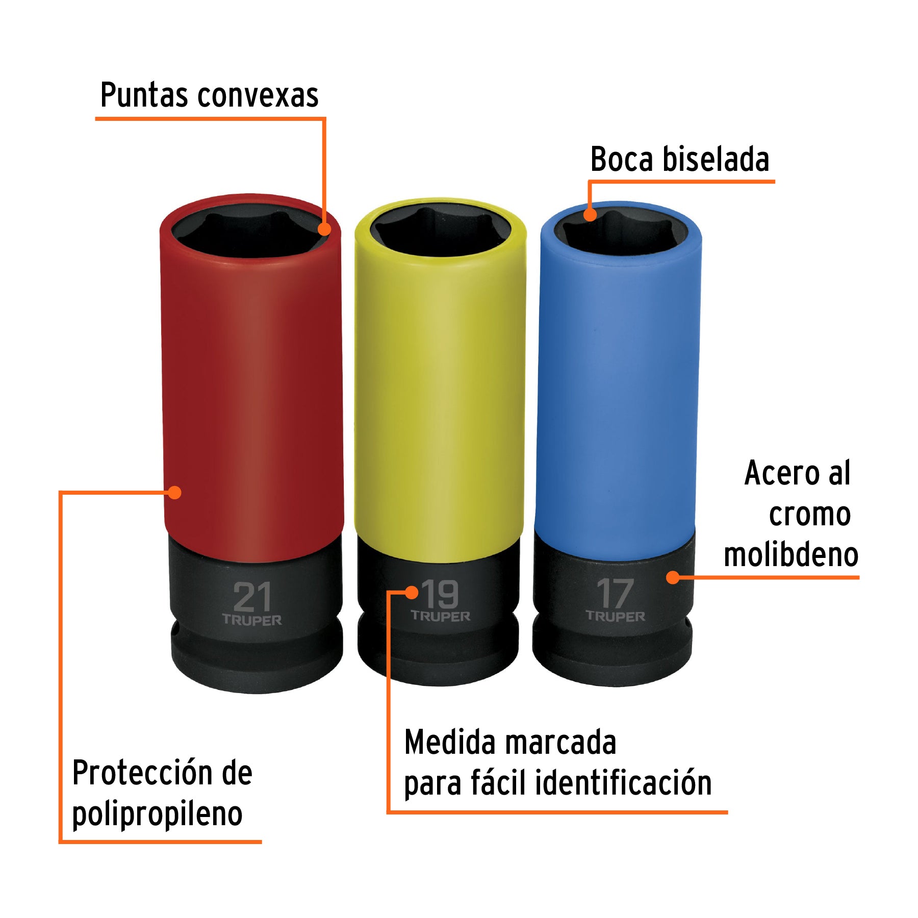 Juego 3 dados largos 1/2" impacto protección plástica 6p mm - 100942
