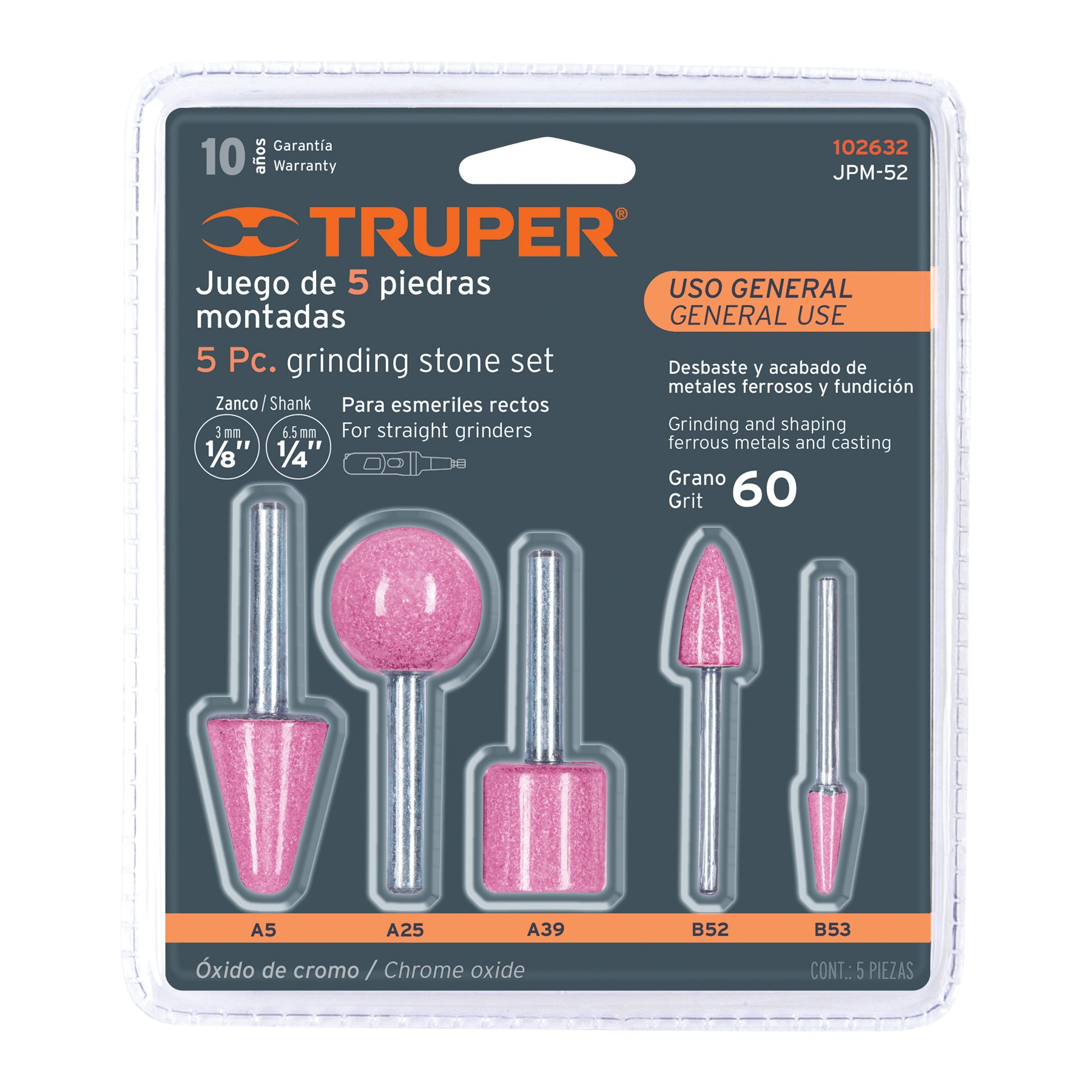 Juego de 5 piedras montadas zanco 1/4" y 1/8",uso general, Truper - 102632