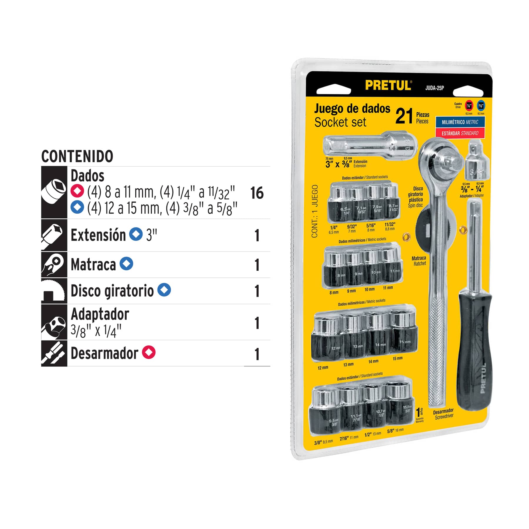 Juego De Dados Pretul De 21 Piezas 1/4" - 3/8" - 21162