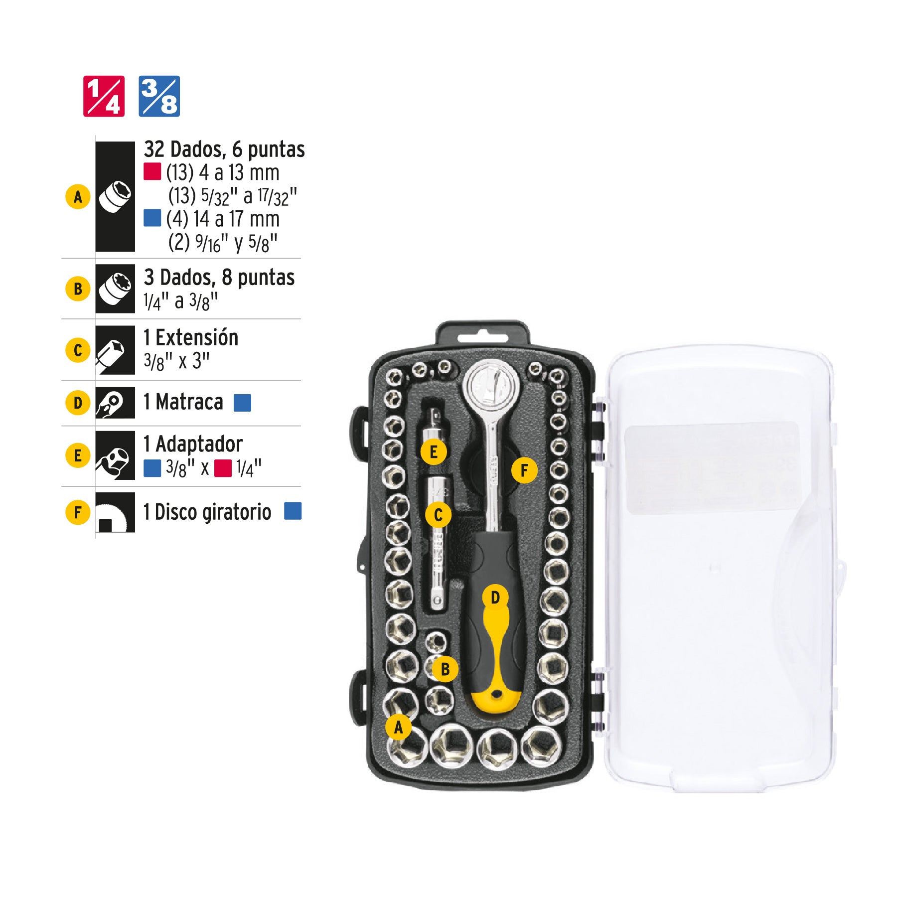 Juego de 39 herramientas 1/4" y 3/8" para mecánico, Pretul - 23969