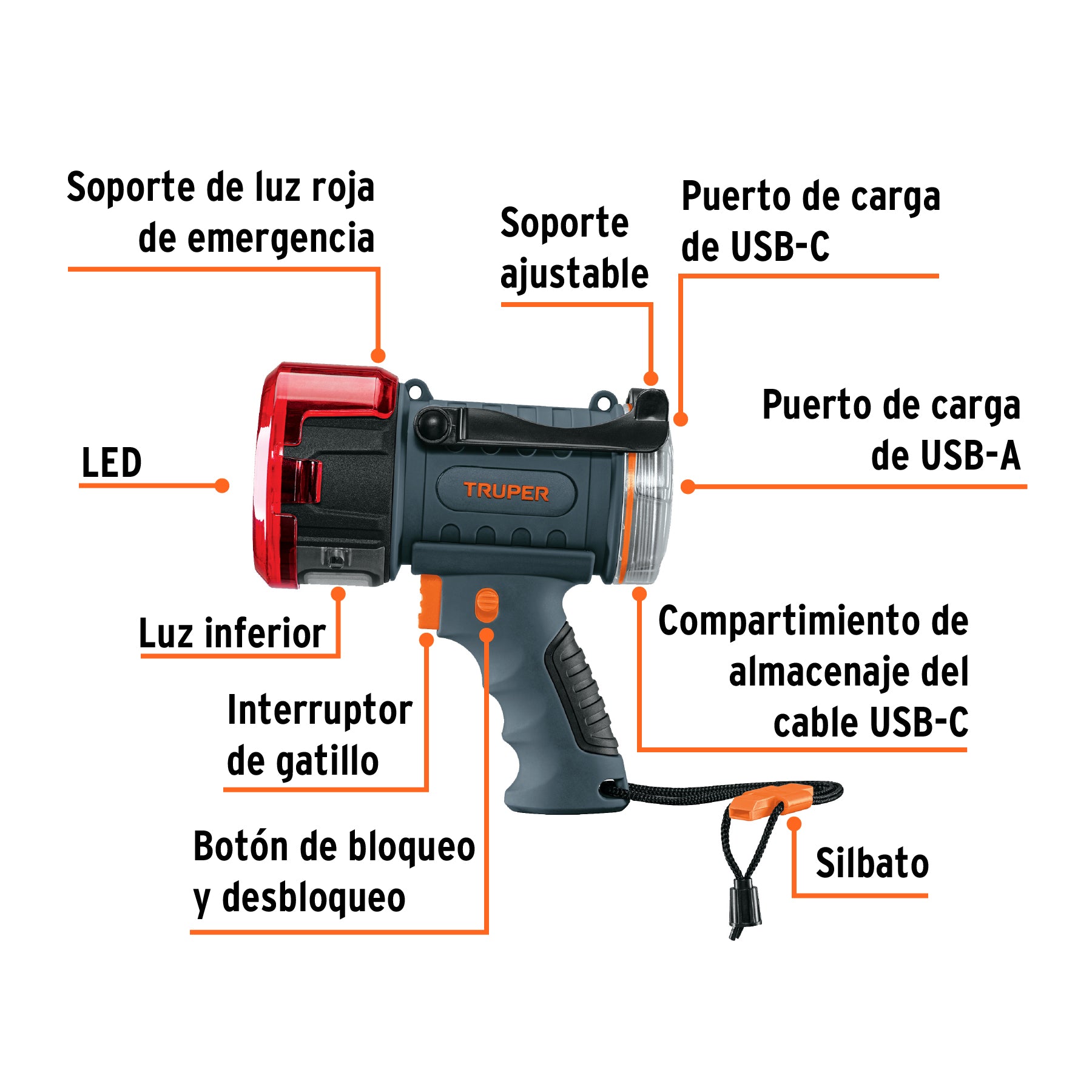 Linterna reflectora LED 2000 lm, recargable, Truper - 102418