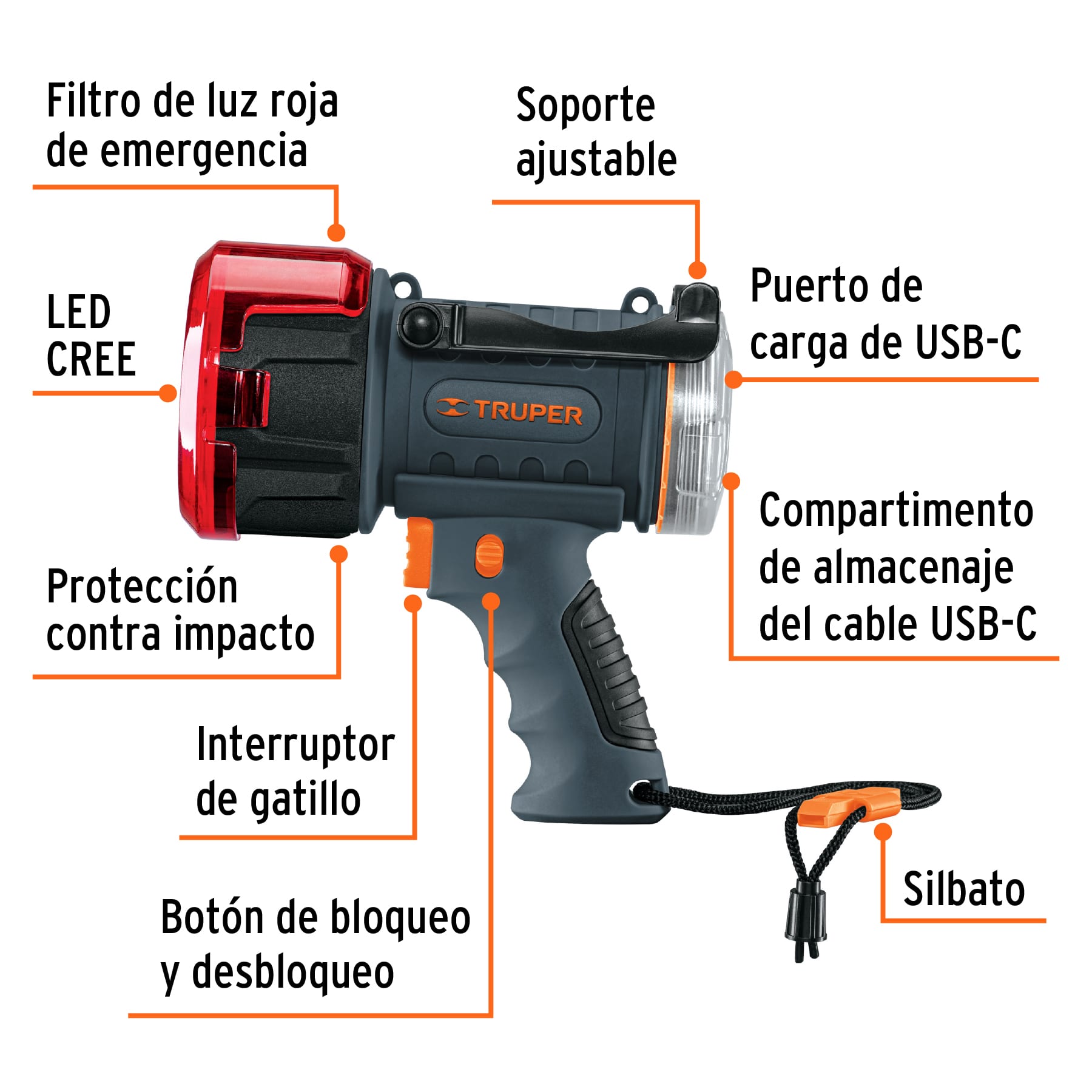 Linterna Lampara LED 900 lm recargable alta potencia, Truper - 102404