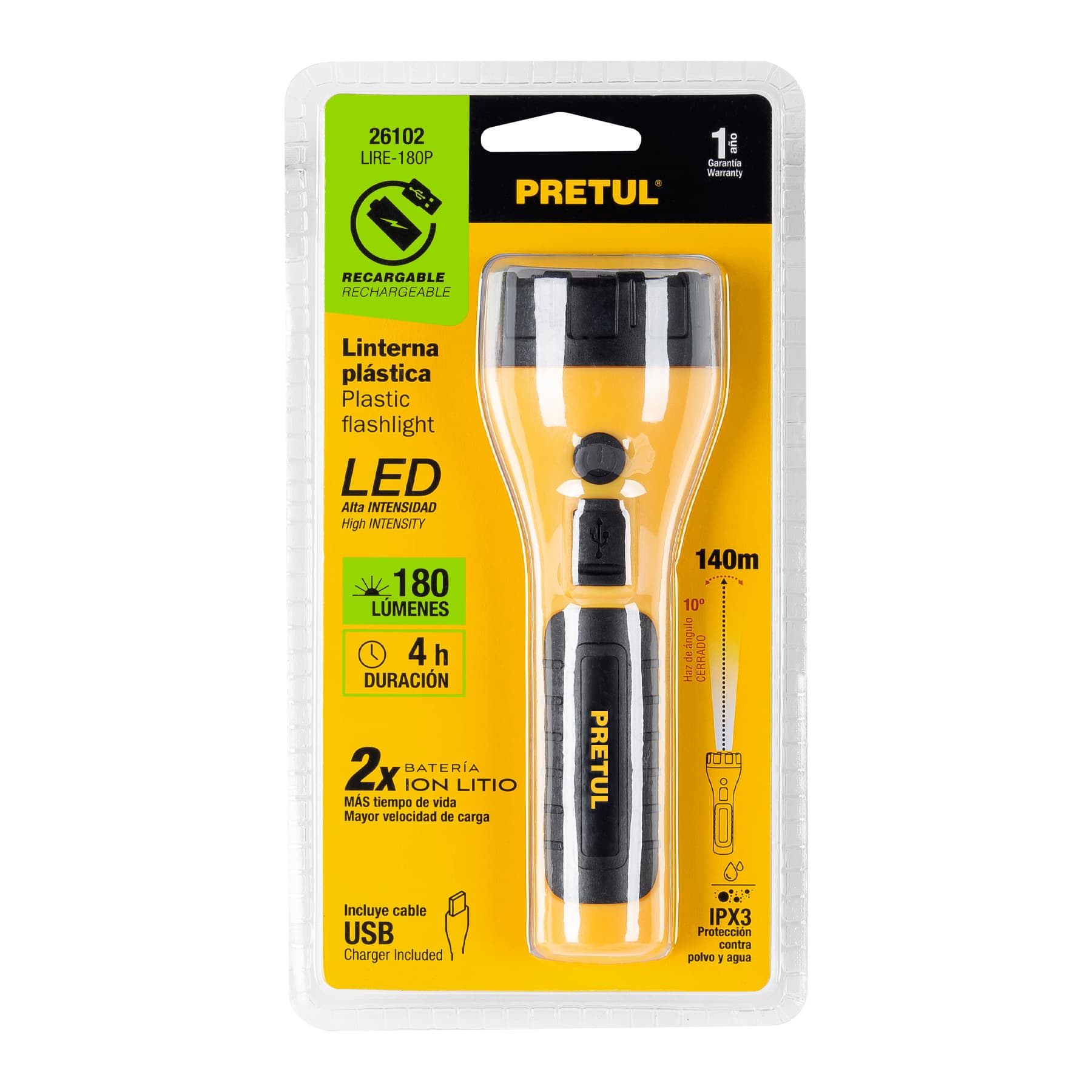 Linterna plástica recargable de LED, 180 lúmenes, Pretul - 26102
