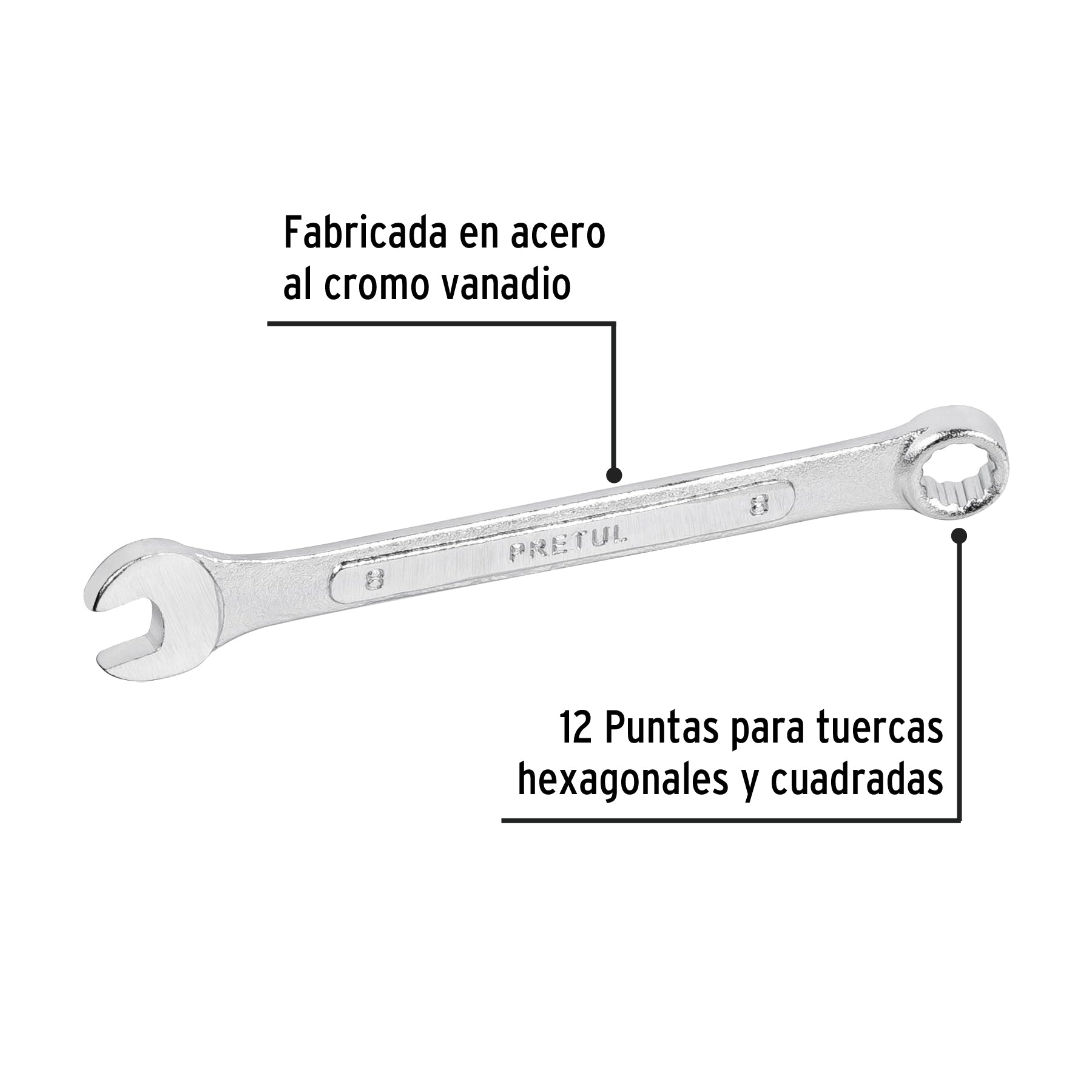 Llave combinada 8 mm x 120 mm de largo, Pretul - 21902