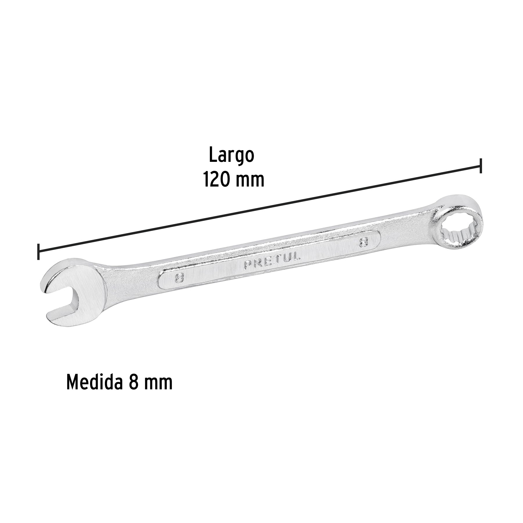 Llave combinada 8 mm x 120 mm de largo, Pretul - 21902