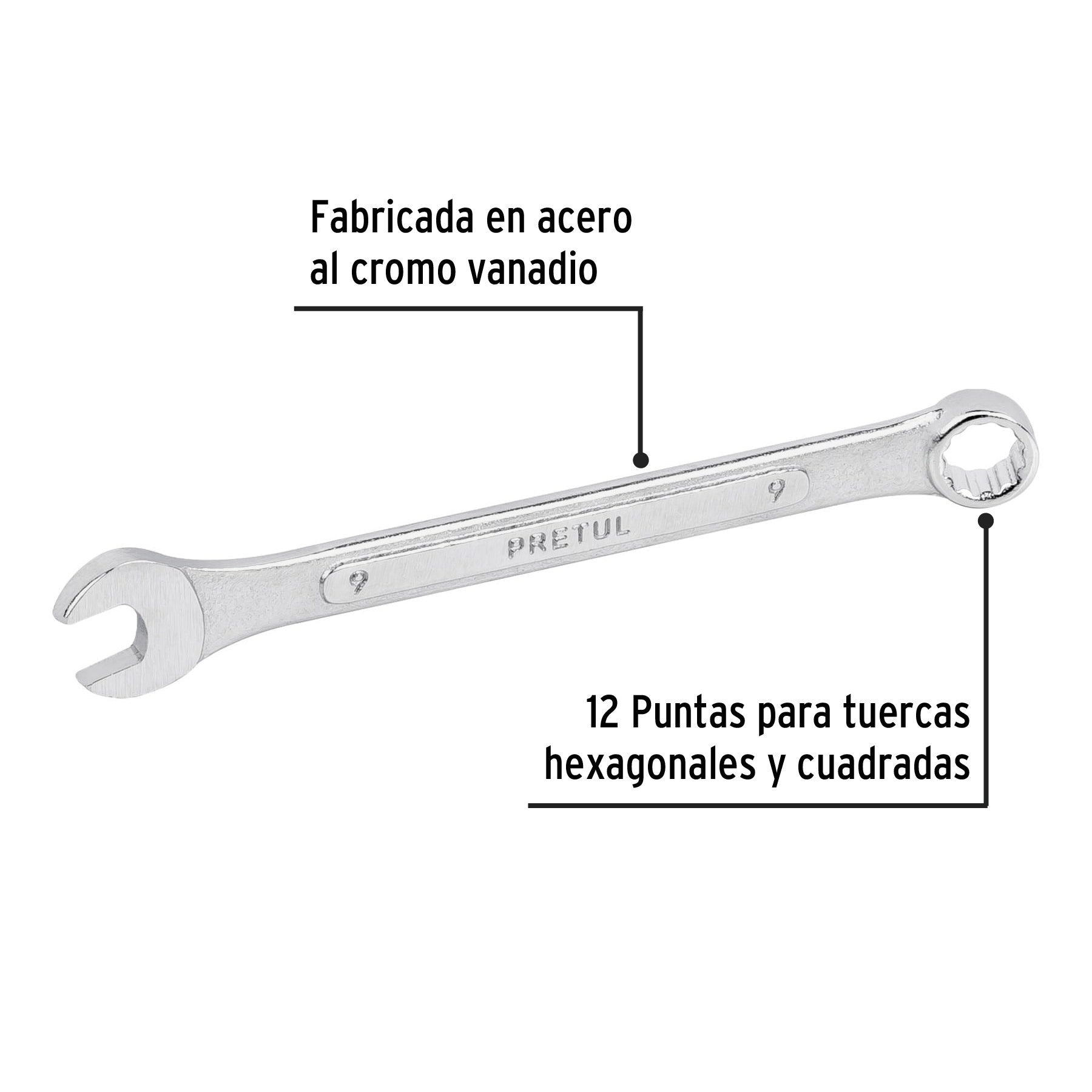 Llave combinada 9 mm x 130 mm de largo, Pretul - 21903
