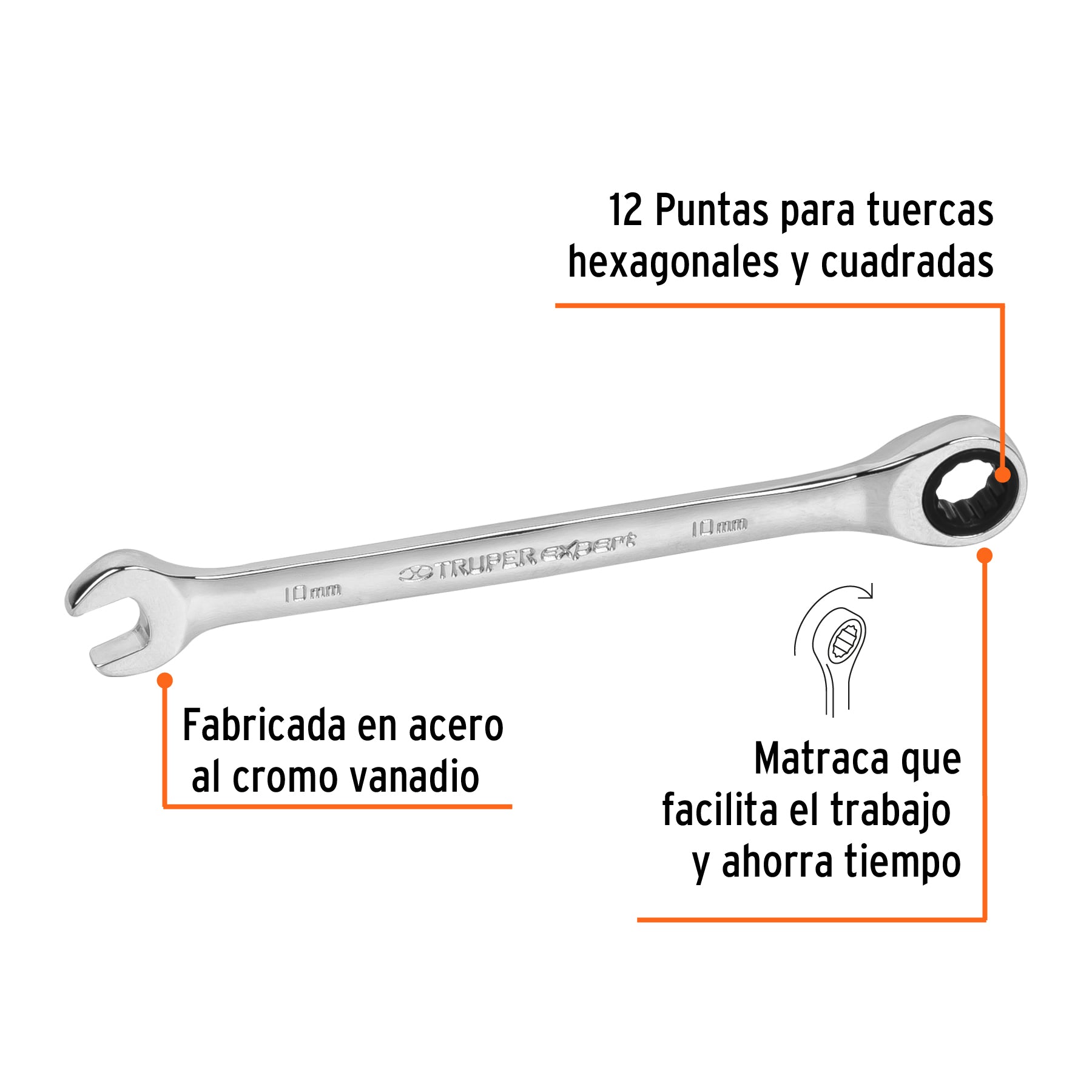 Llave mixta con ratchet 10 mm x 154 mm largo, Truper - 15743