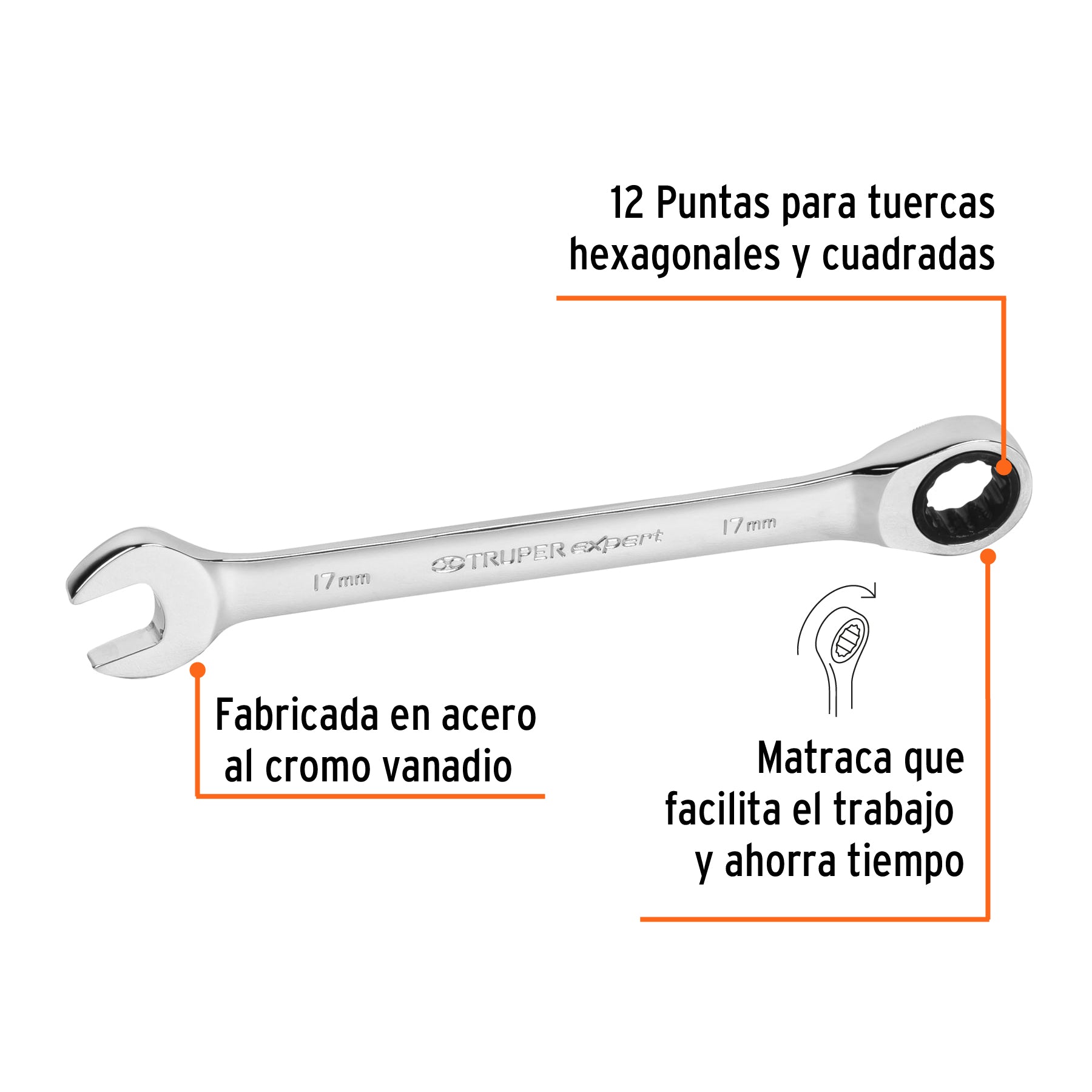 Llave mixta con ratchet 17 mm x 218 mm largo, Expert - 13622