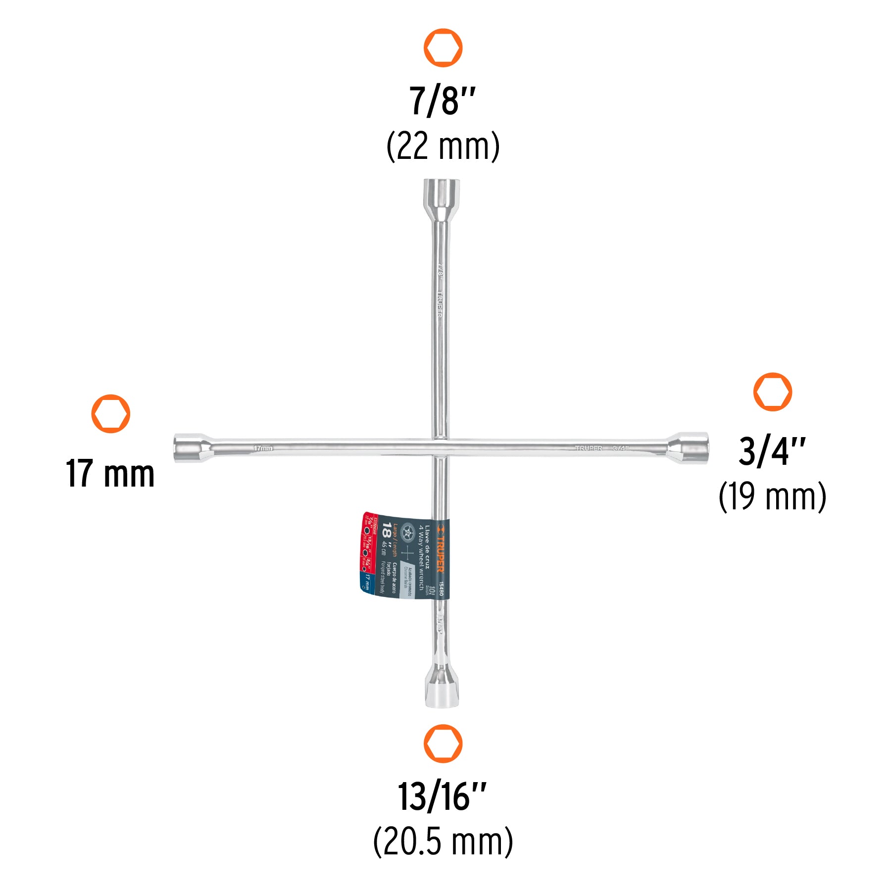 Llave de cruz 18" pulida y cromada, TRUPER - 15480