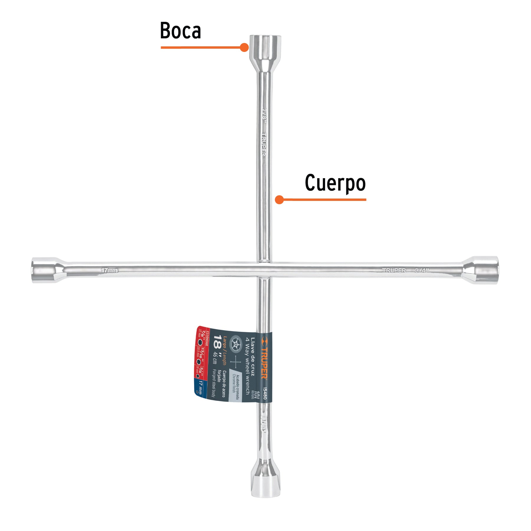 Llave de cruz 18" pulida y cromada, TRUPER - 15480