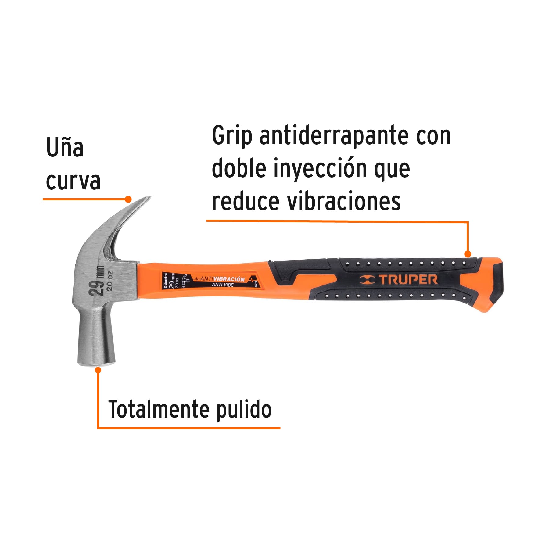 Martillo cabeza cónica 29 mm uña curva, mango fibra vidrio, Trupe - 10852
