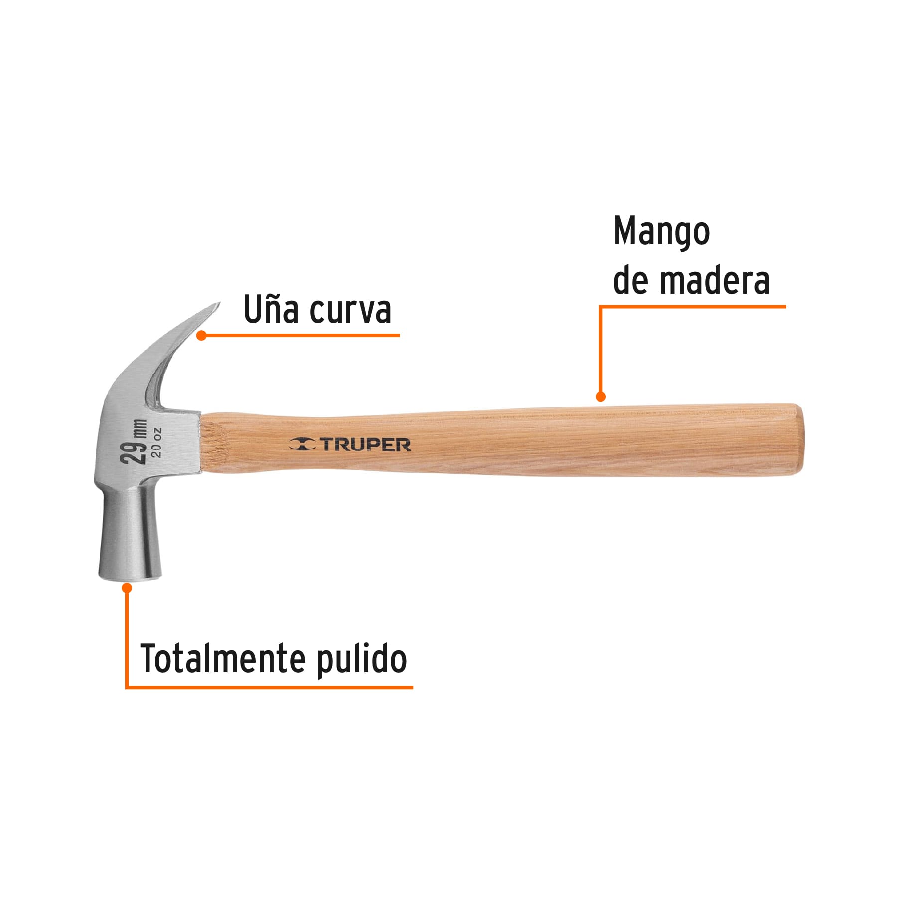 Martillo cabeza cónica 29 mm uña curva, mango madera, Truper - 10561