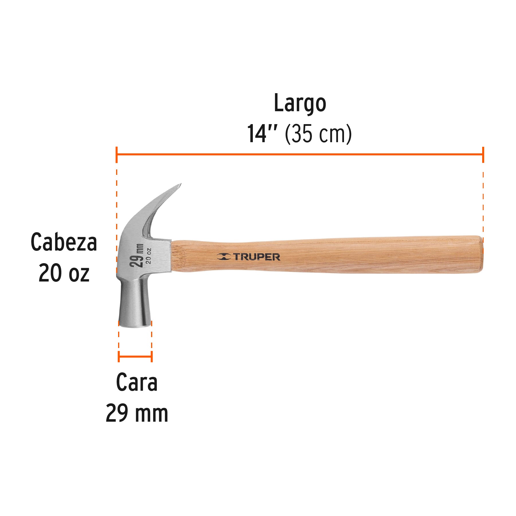 Martillo cabeza cónica 29 mm uña curva, mango madera, Truper - 10561