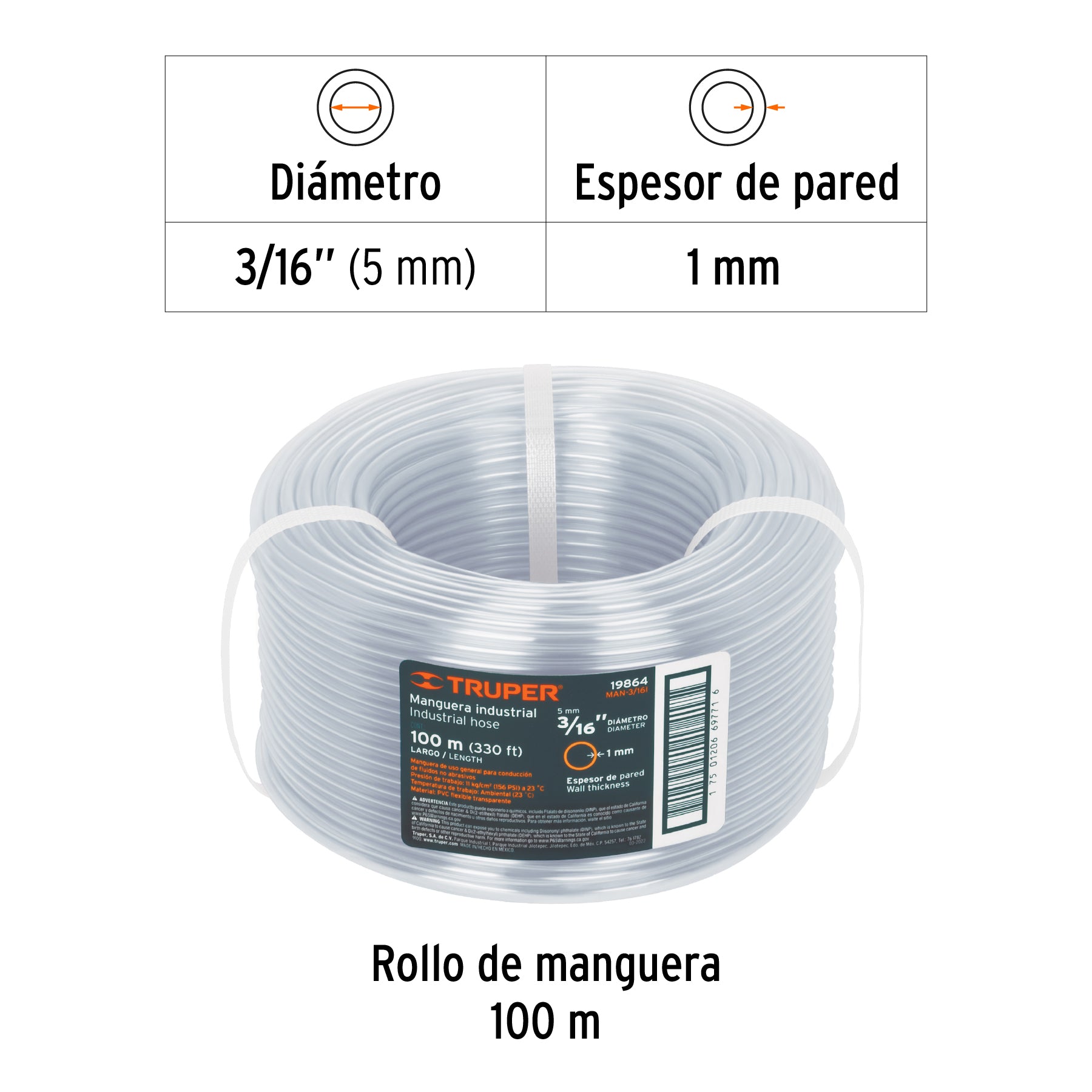 Metro de manguera 3/16" industrial en rollo de 100 m, Truper - 19864