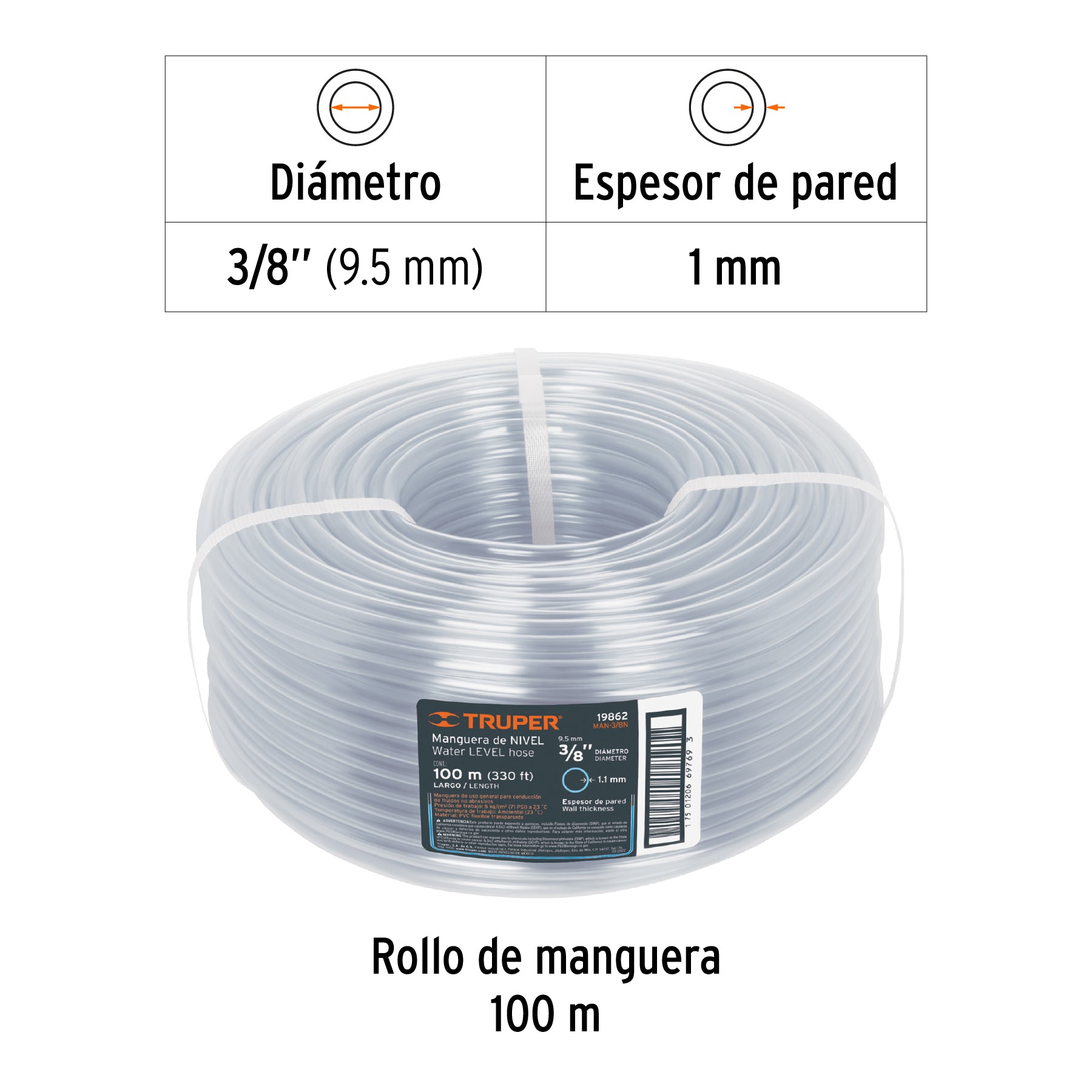Metro de manguera 3/8" de nivel en rollo de 100 m - 19862