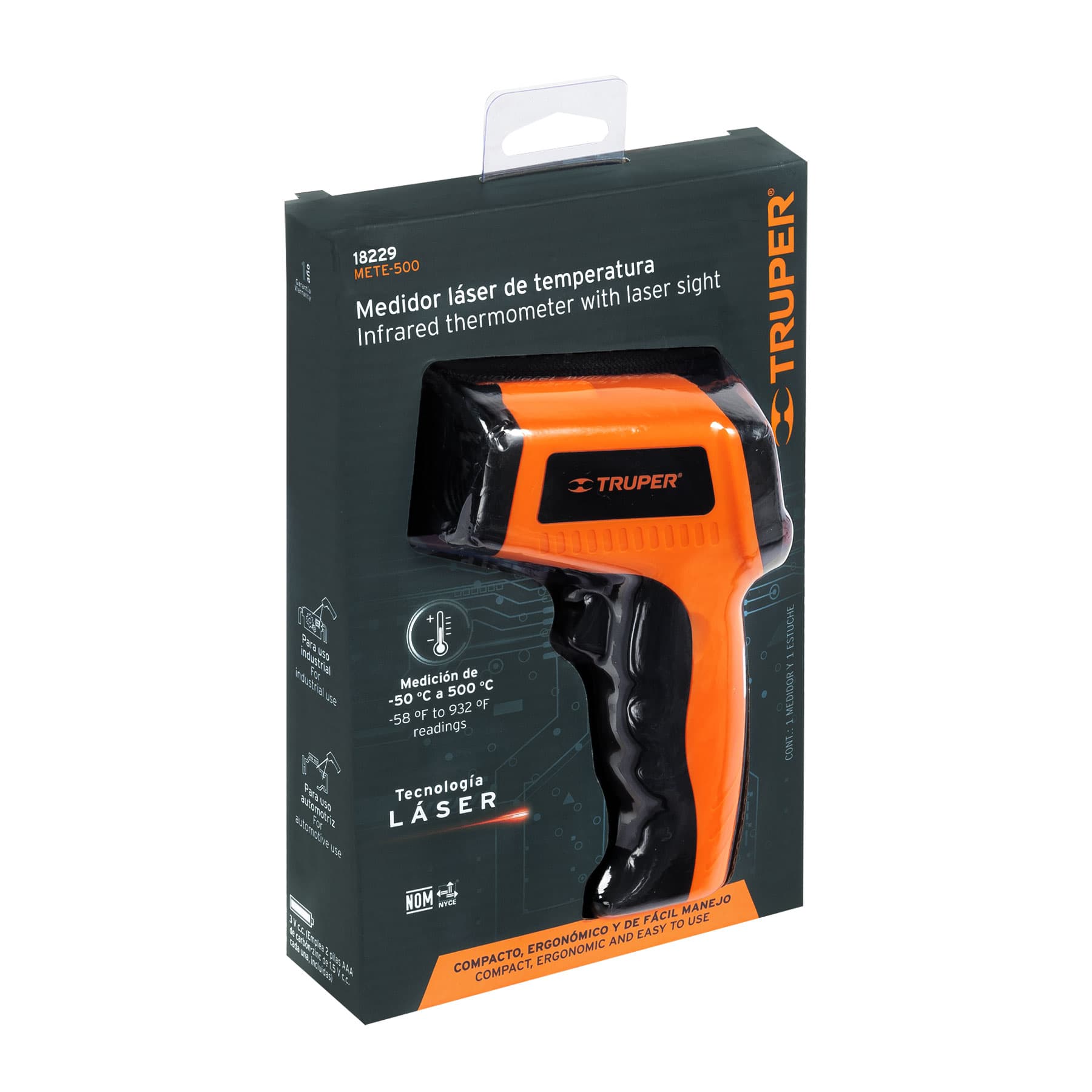 Termometro Laser o Medidor infrarrojo de temperatura de -50°C a 500°C, Truper - 18229