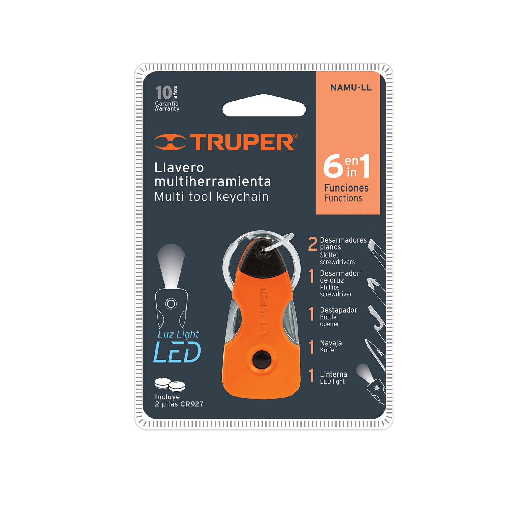 Multiherramienta con led, tipo llavero, 6 funciones Truper - 13336